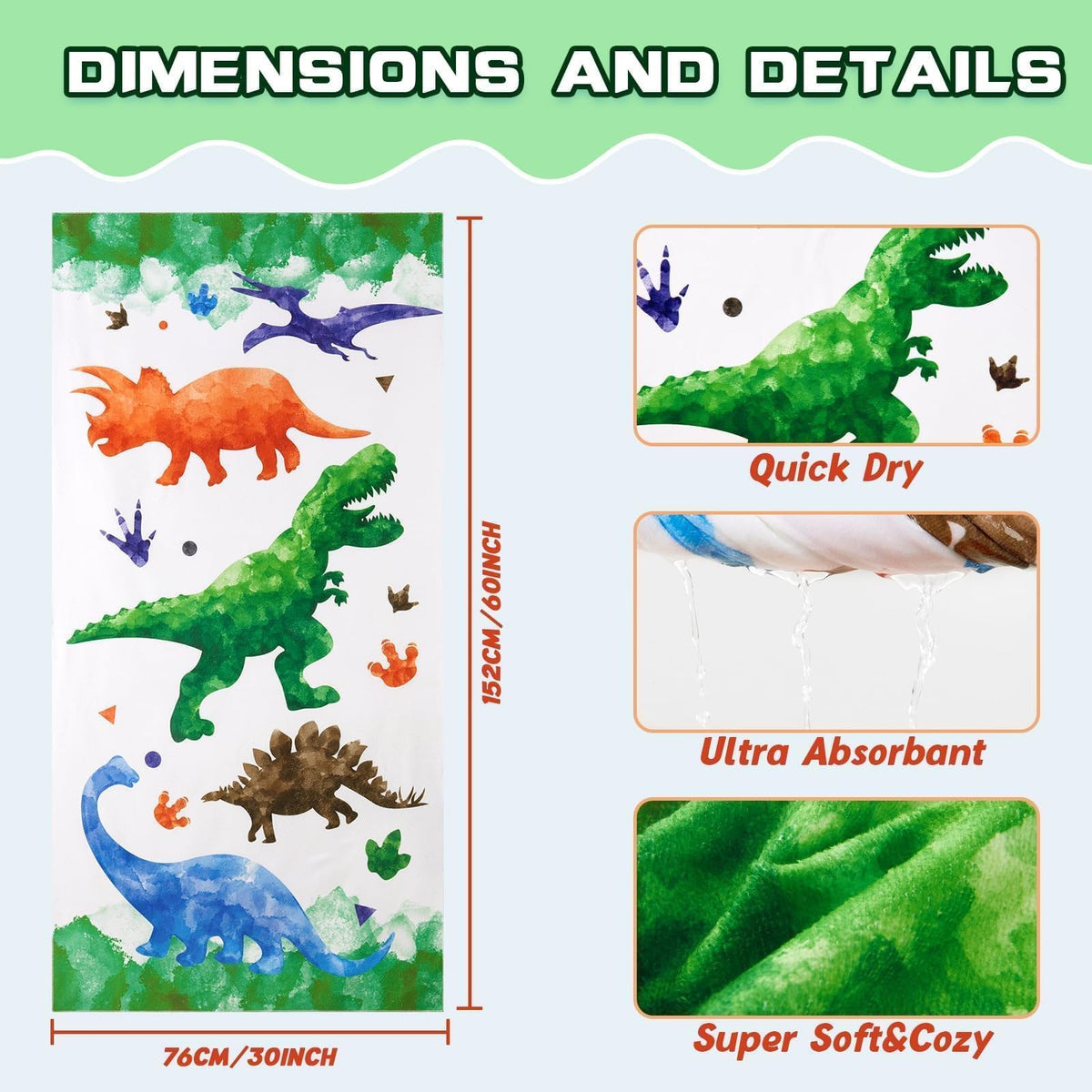 WERNNSAI Dinosaur Microfibre Beach Towel for Kids, 76 x 150cm Bath Towel - image 4