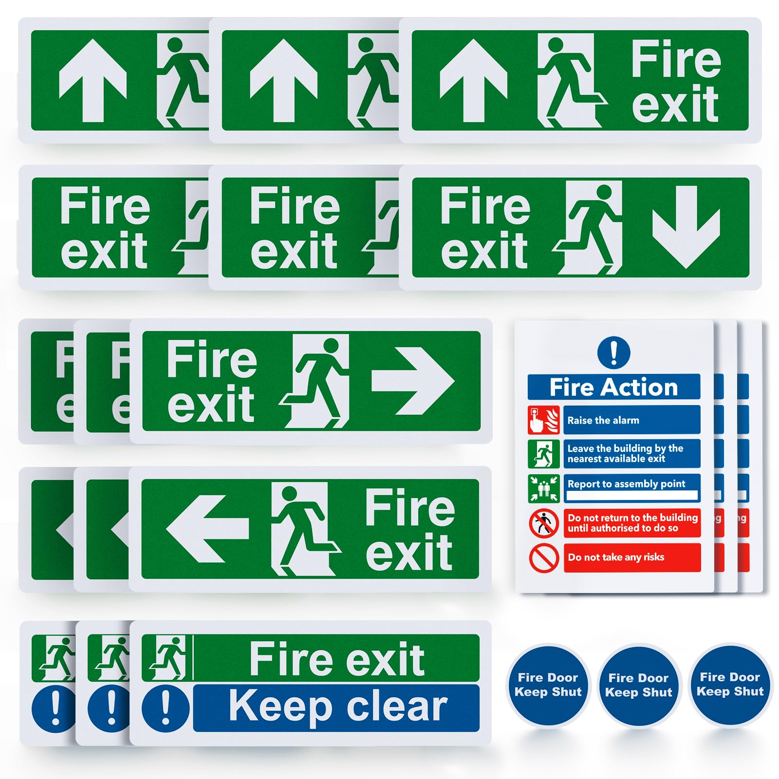 21pc Fire Exit Sign Kit | ISO 7010 Self Adhesive Vinyl