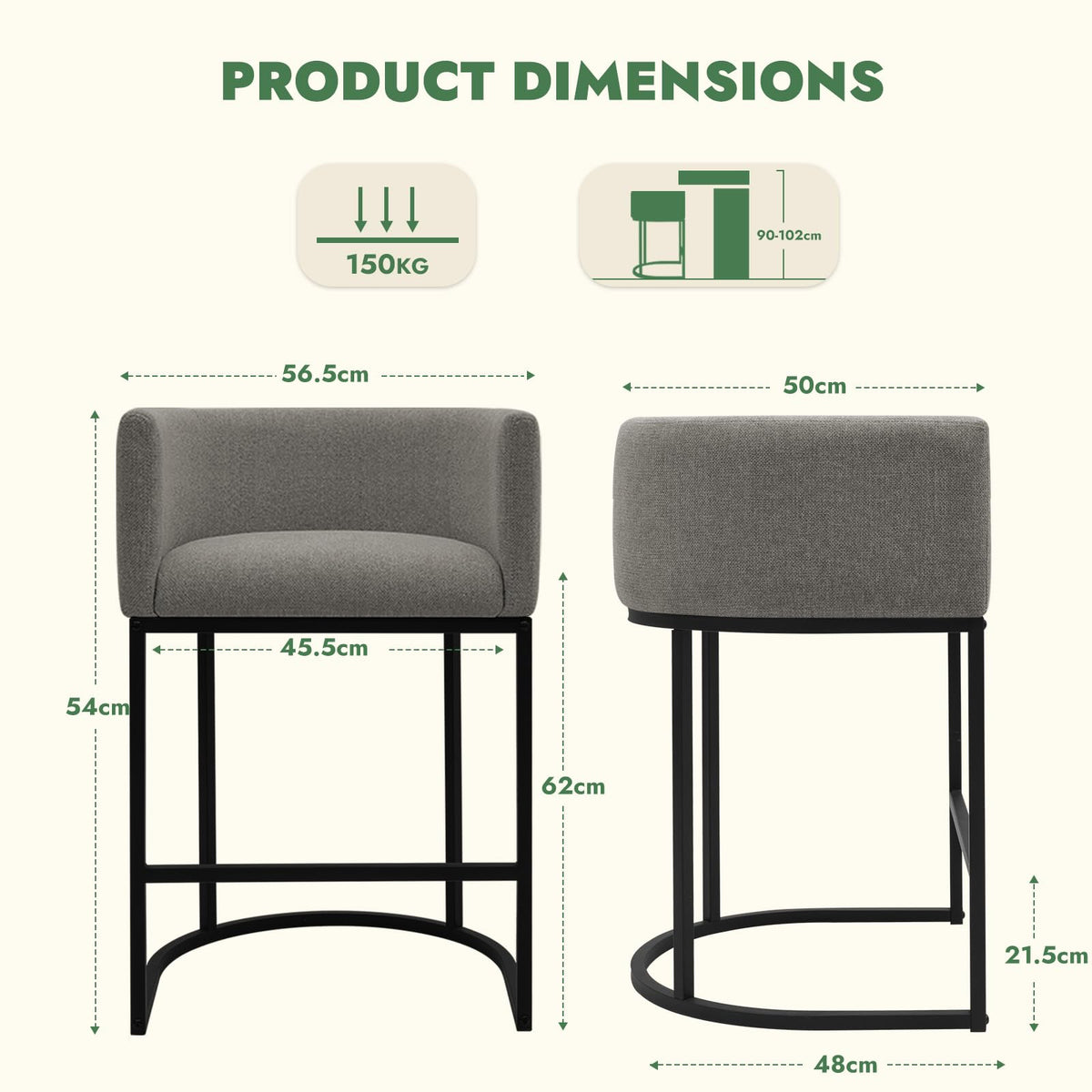 KRAMZMING Counter Height Bar Stools Set of 2, 24 Inch Linen, Gray - image 2