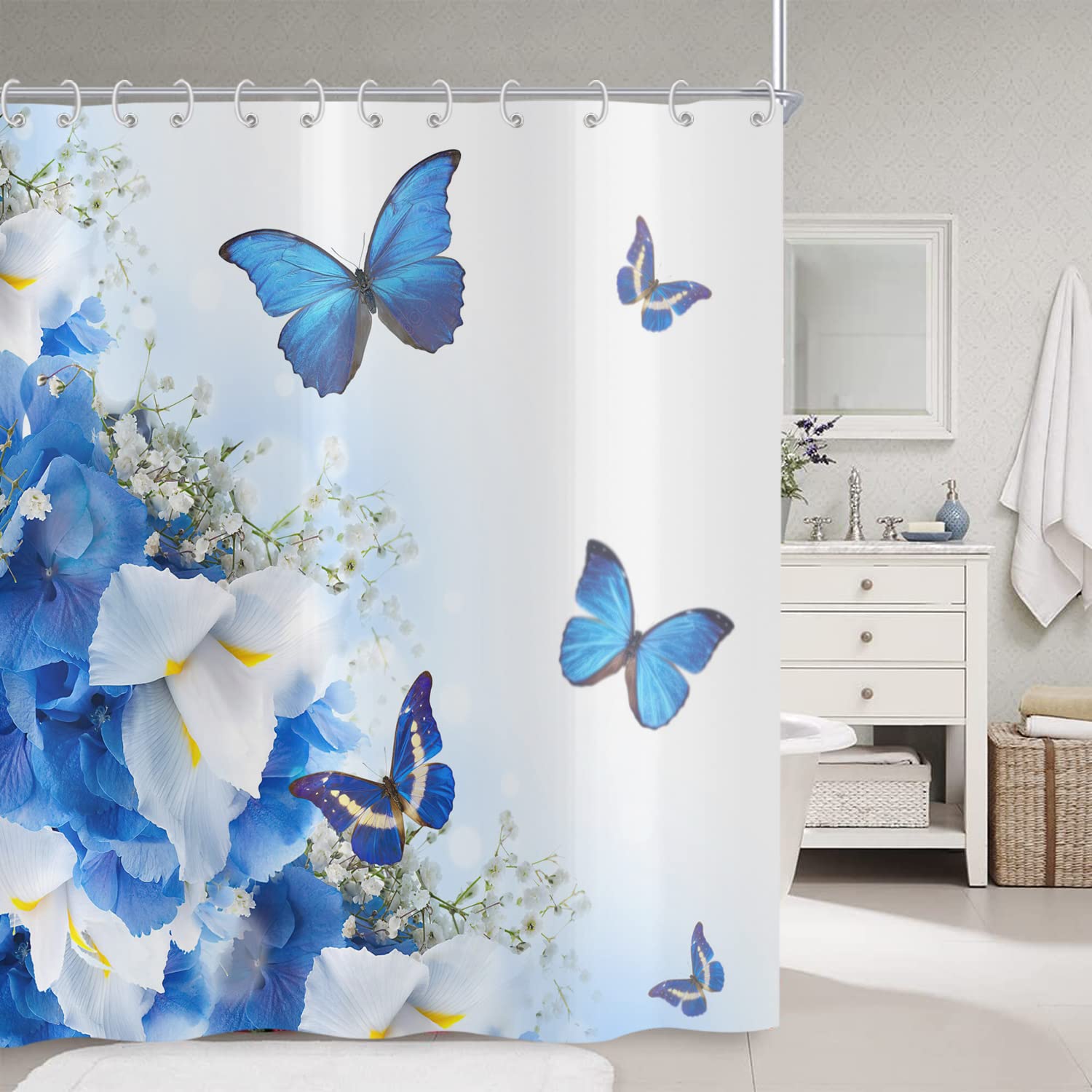 Hnmdmyi Blue Floral Butterfly Shower Curtain | Waterproof Polyester, 71x71