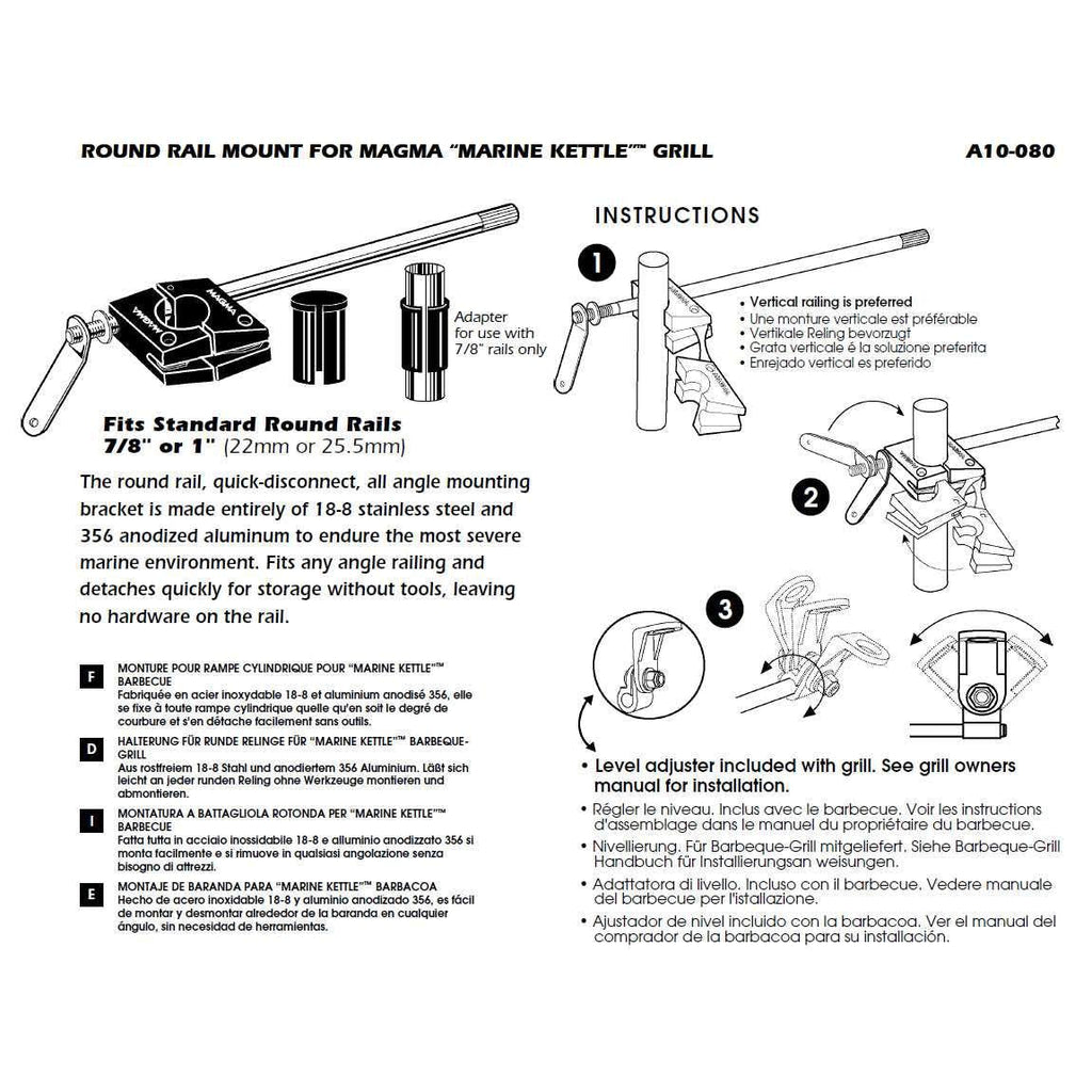 Magma Kettle Grill Round Rail Mount – Stainless Steel 7/8" or 1"