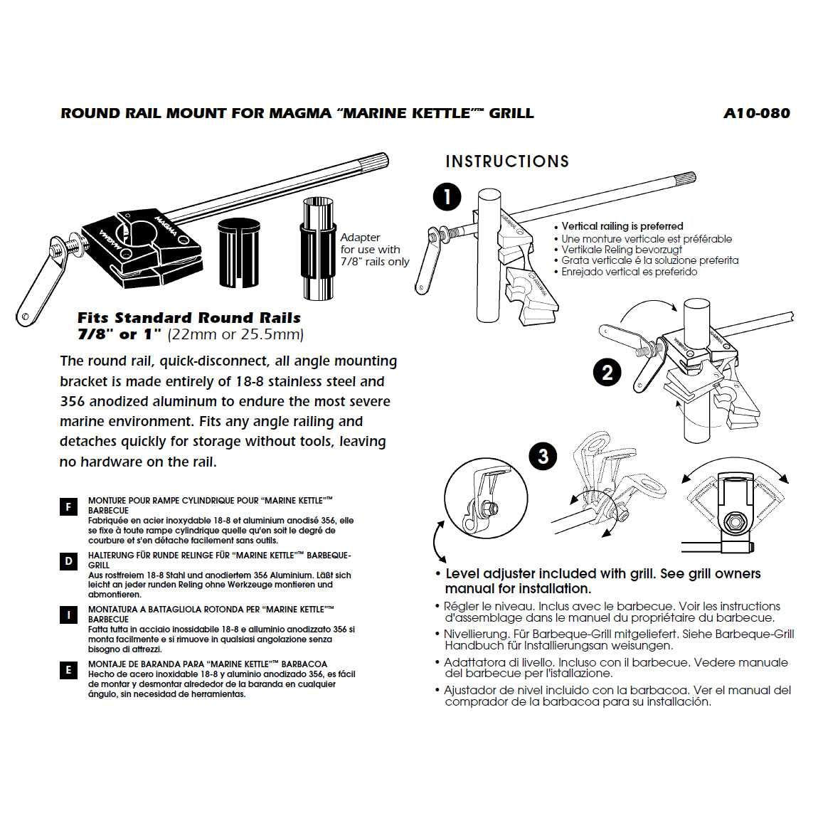 Magma Kettle Grill Round Rail Mount – Stainless Steel 7/8" or 1"