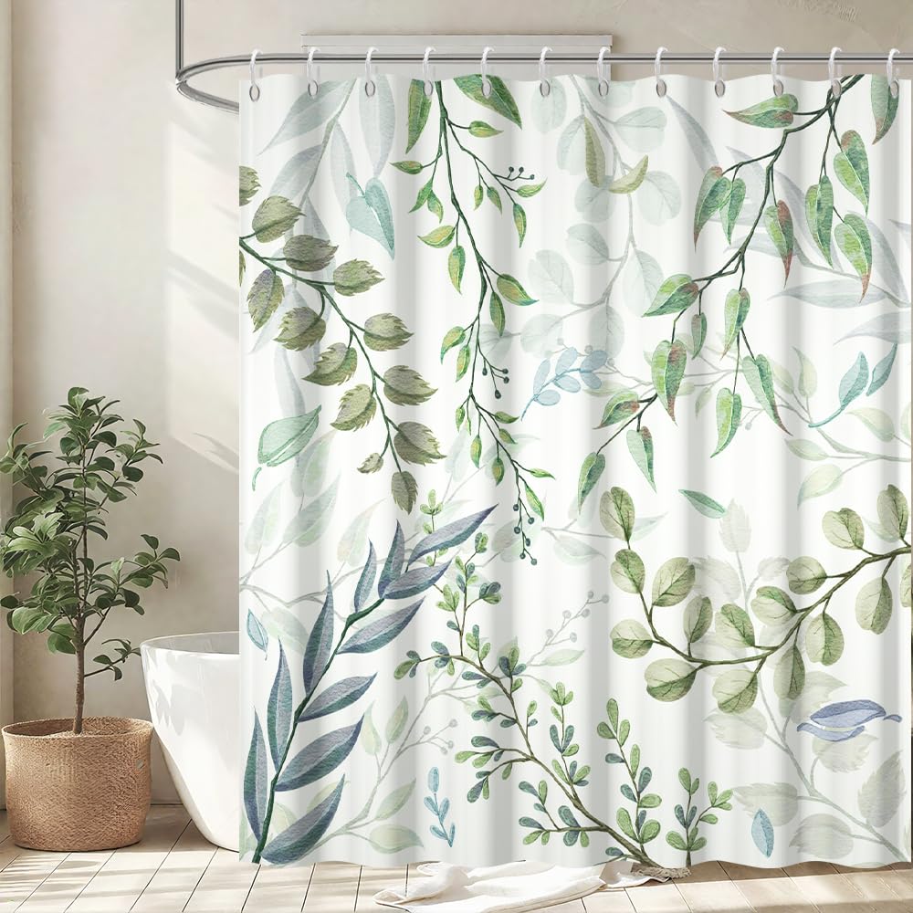 Uiiooazy Eucalyptus Shower Curtain | Waterproof Green Leaf Polyester