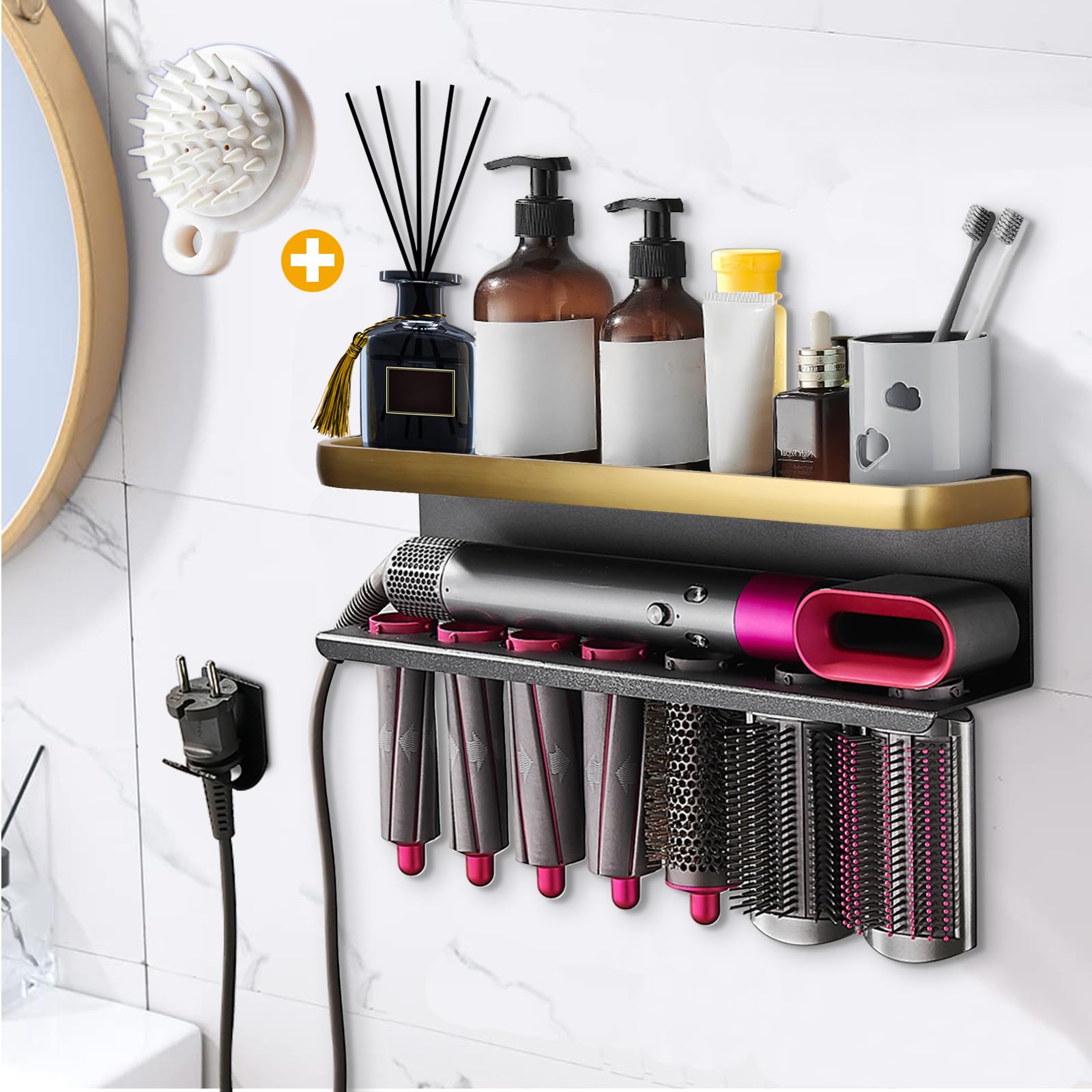 Yimerlen Wall Mount Storage Rack for Dyson Airwrap – Steel Holder, Gold/Black