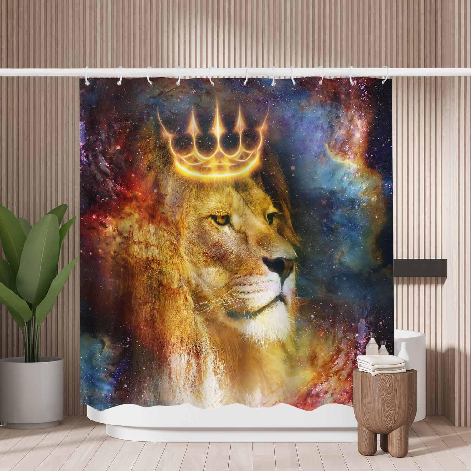 Jolof Store Lion in Cosmic Space Shower Curtain – Mold Resistant Polyester