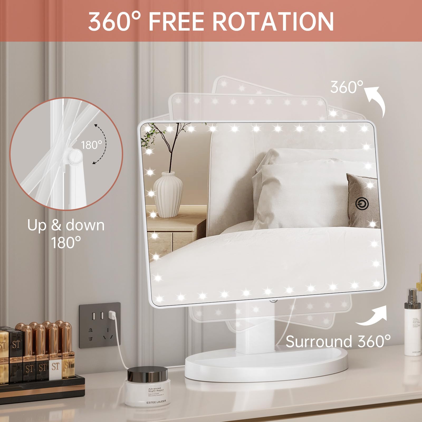 FUNTOUCH Large Lighted Vanity Makeup Mirror | 10X Magnification & 35 LEDs