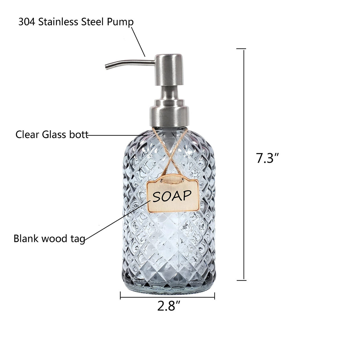 Bathroom & Kitchen Glass Hand and Dish Soap Dispenser with 304 Rustproof Stainless Steel Pump Grey