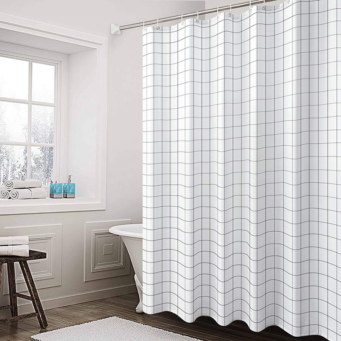 Aisaving Polyester Shower Curtain | Weighted Hem | White Grid – 72x72"