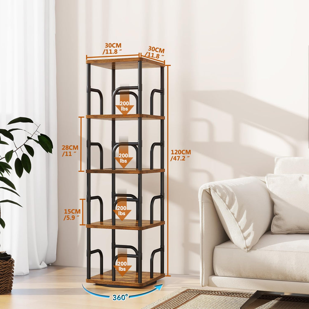 IBUYKE 5 Tier Rotating Bookshelf,Square Bookcases,Brown TBC004H