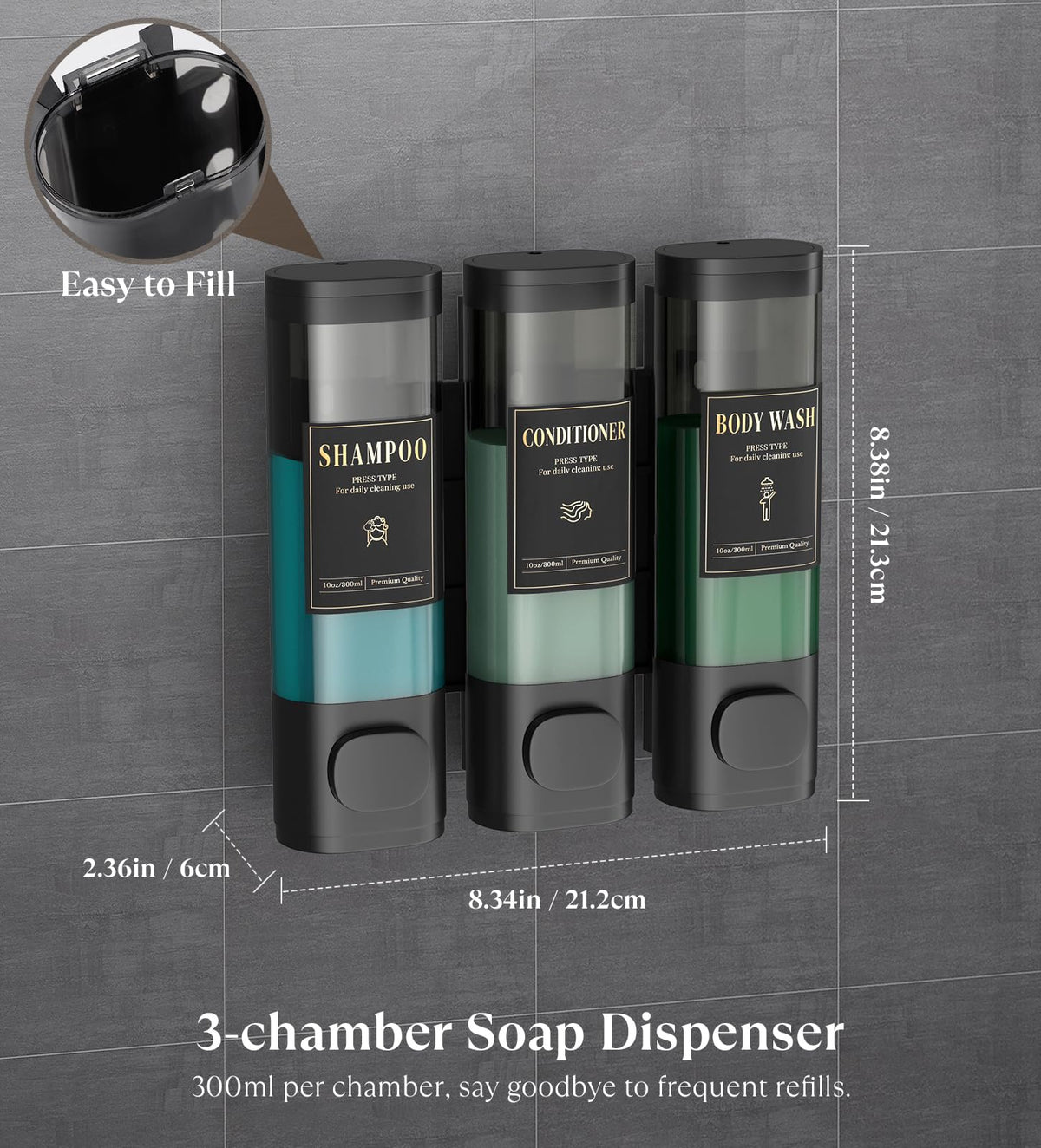 Luxspire Shampoo and Conditioner Dispenser, Shower Soap Dispenser 3-Chamber - image 4