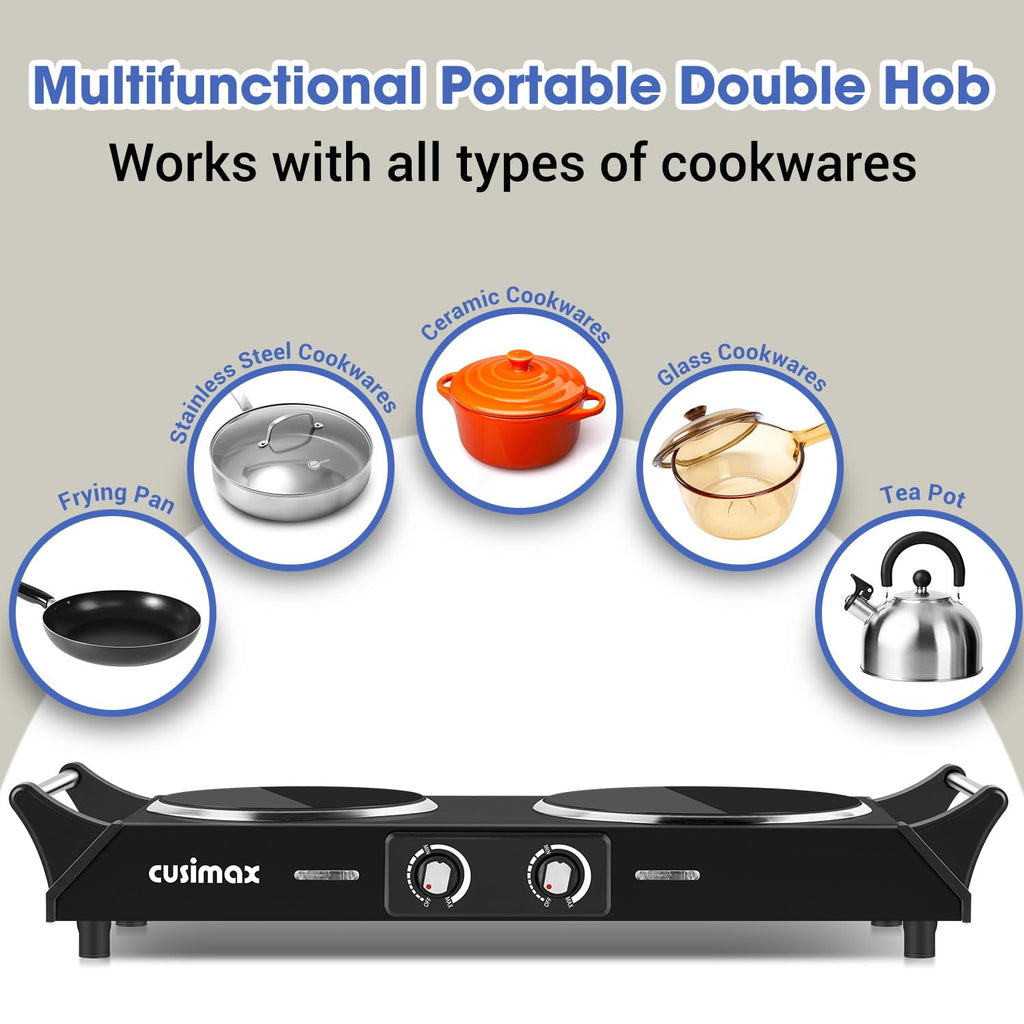 CUSIMAX Double Electric Hob – 2100W Portable Infrared Cooktop Hot Plate