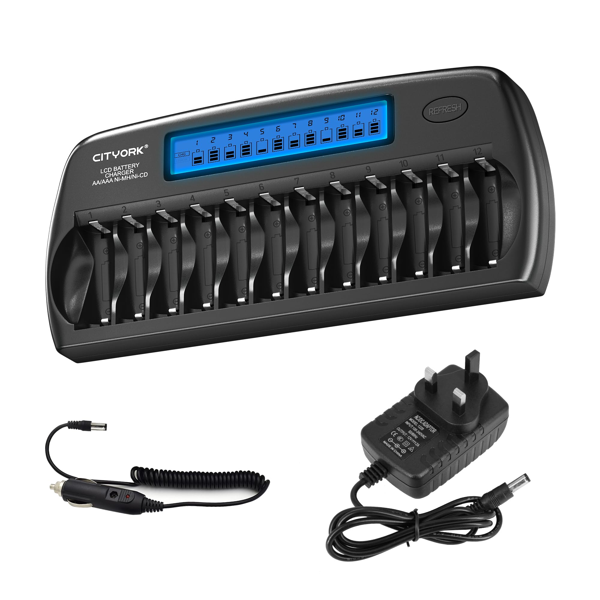 CITYORK 12-Bay Smart Battery Charger for AA AAA Ni-MH Ni-CD Batteries