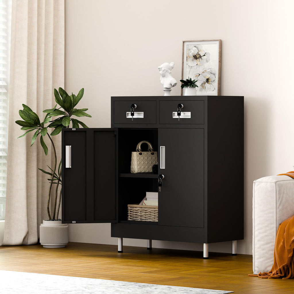 JINGUR Metal Storage Cabinet with Locking Doors and 2 Drawers Black