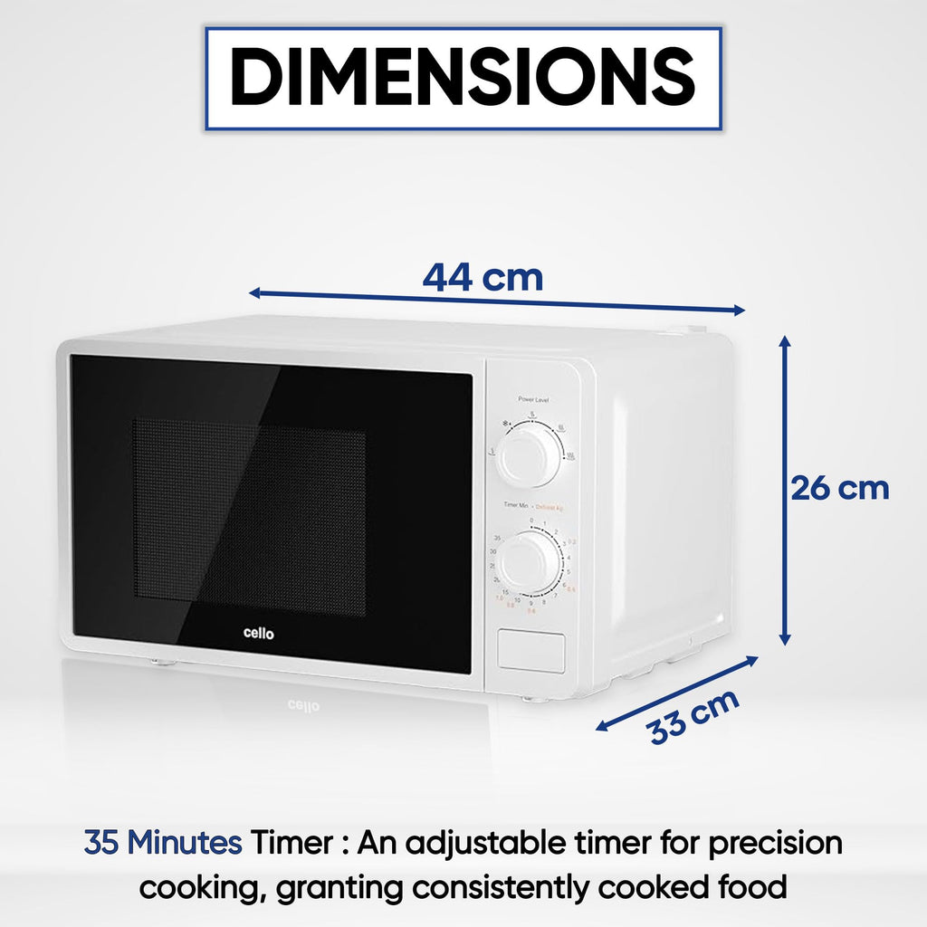 Cello 800W Microwave Oven | 20L Capacity with Defrost Function - White