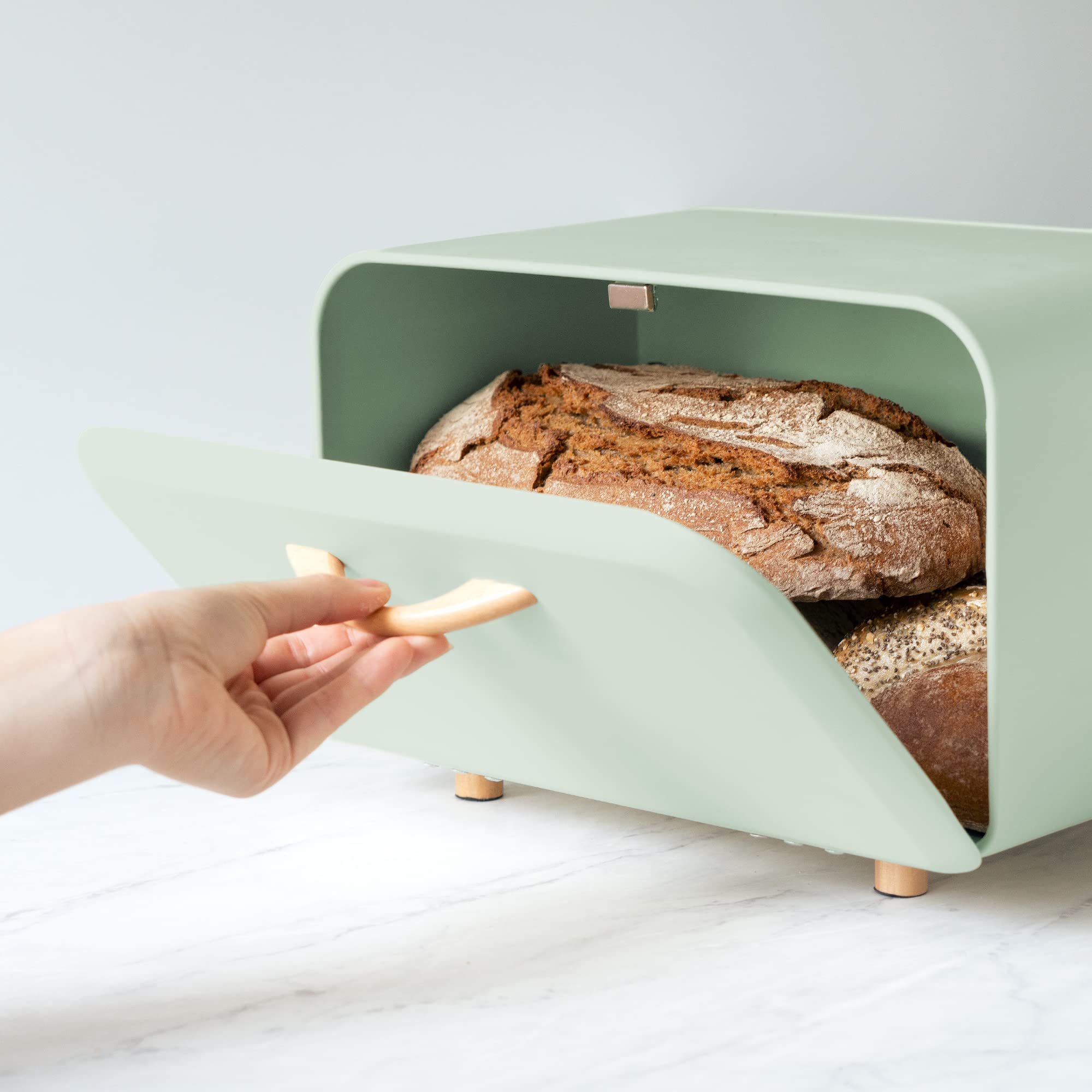 Navaris Metal Bread Bin – Mint Green Kitchen Storage Box with Beechwood
