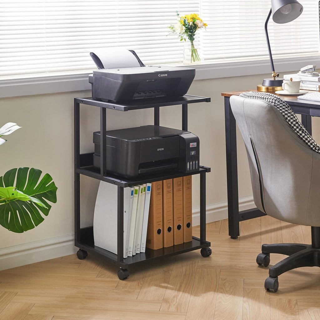 IBUYKE 3-Tier Printer Stand with Storage | Rolling Office Cart – Black