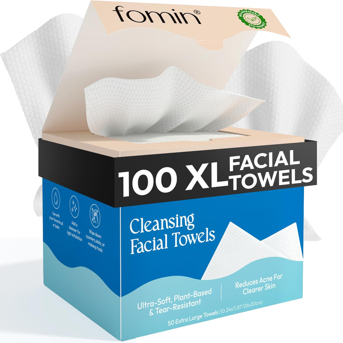 FOMIN Disposable Face Towels - 100 Count2 Pack 100% Biodegradable Ultra-Soft Towelette For Washing Face & Makeup Removal,Vegan & Cruelty Free