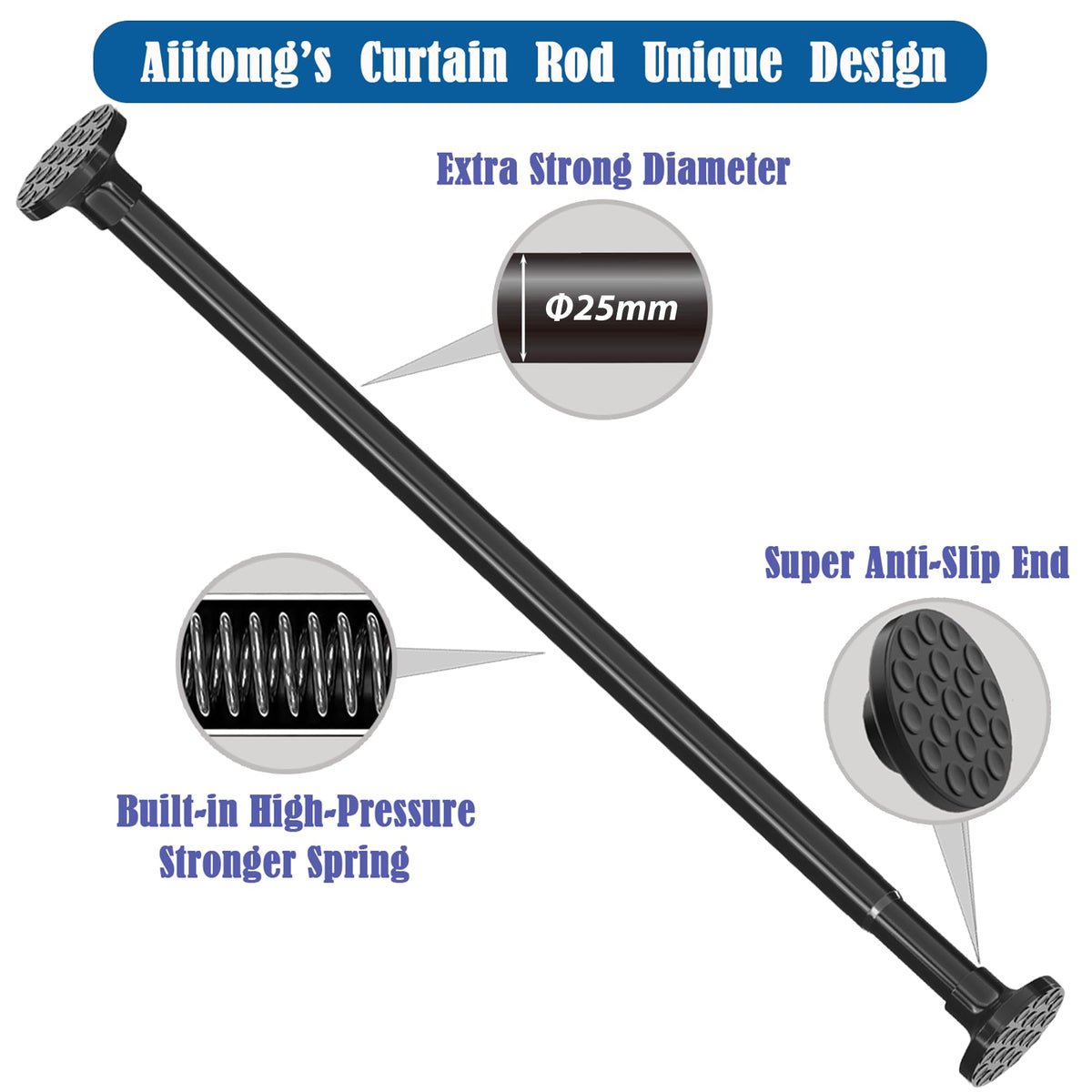 Shower Rail Curtain Pole No Drilling Extendable Curtain Rod for Bathroom,Bedroom,Wardrobe Silver 85-160CM Φ25mm
