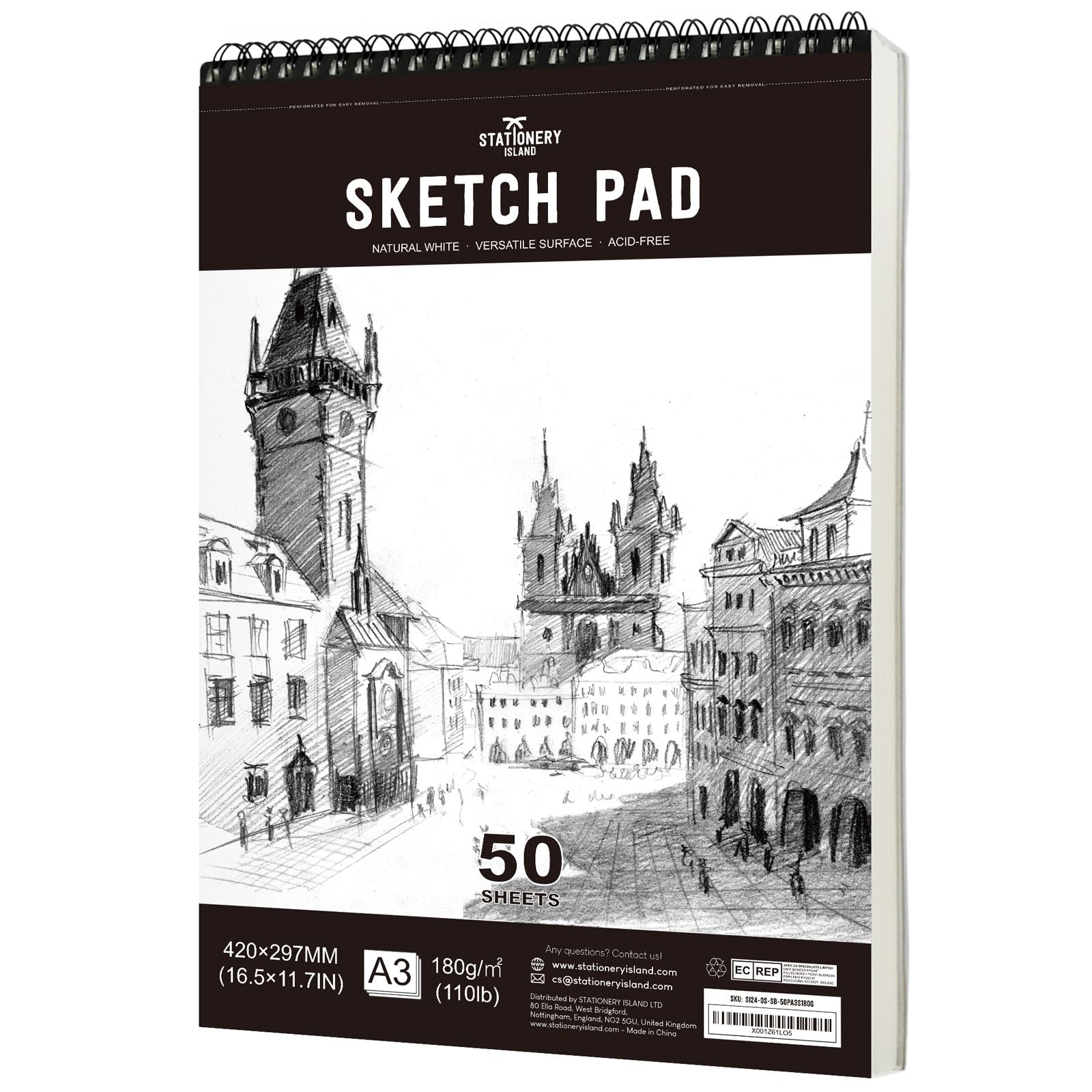 Stationery Island A3 Sketch Pad | 180gsm Thick Paper Spiral Sketchbook