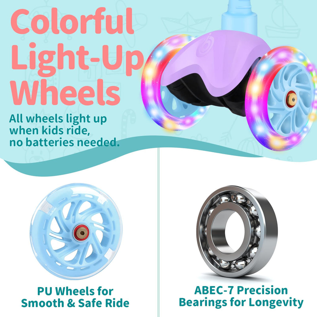 BELEEV 3 Wheel Scooter for Kids Ages 2-6 | Light-Up Wheels & Adjustable Height