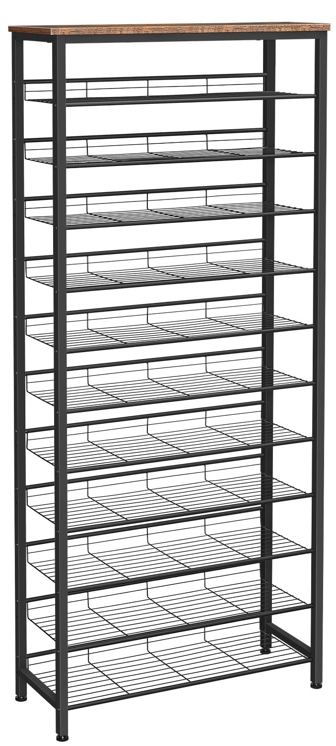 HOOBRO 12-Tier Tall Shoe Rack – Large Metal Storage Organizer, Rustic Brown