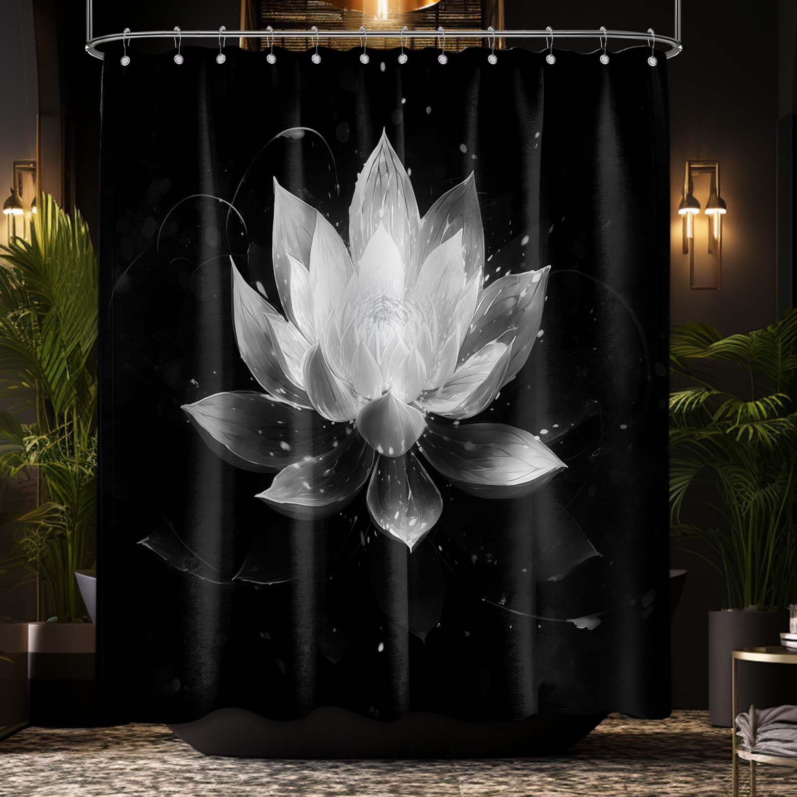 LanZanthic Lotus Shower Curtain | Black and White Floral Zen Fabric