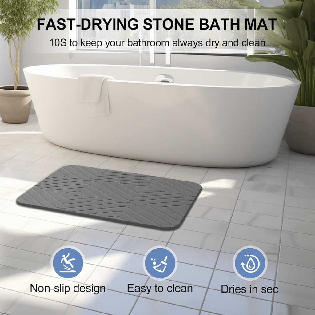 HUMIGA 2 Pack Diatomaceous Earth Stone Bath Mat – Non-Slip Grey, 24x15