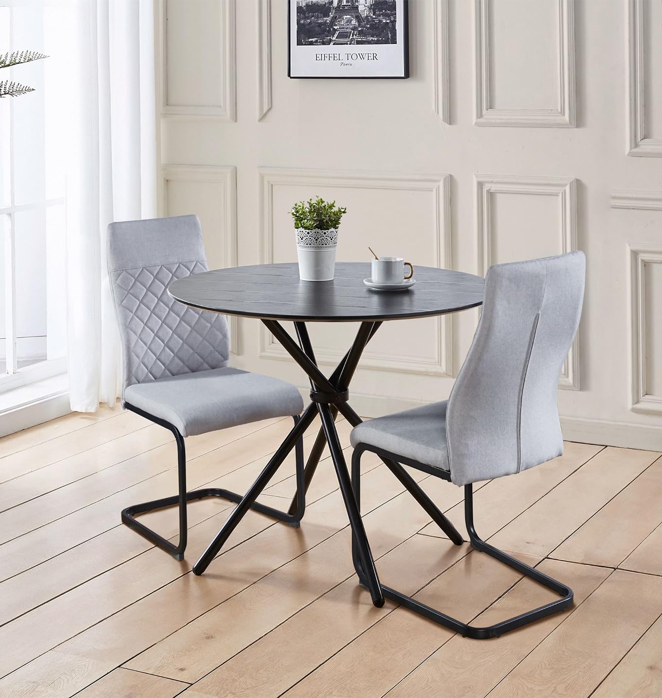 Hallowood Cullumpton Round Dining Table and 2 Light Grey Fabric Chairs