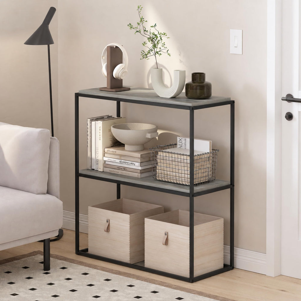 Furinno MORETTI 2-Tier Stackable Grey Book Shelf, Metal Frame Storage Shelves, Rectangular Display Shelf, Easy Assembly, for Organization and Storage - image 1