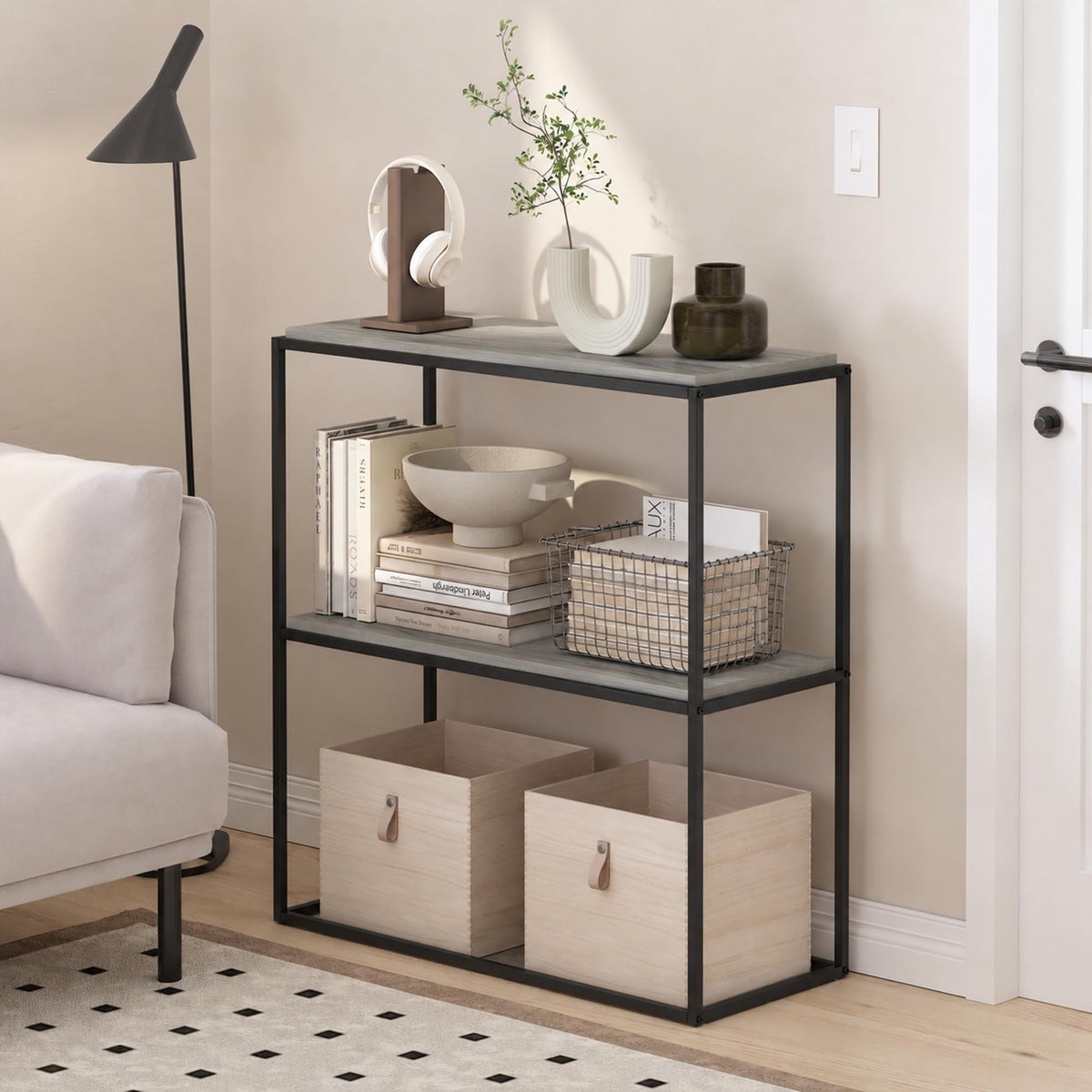Furinno MORETTI 2-Tier Stackable Grey Book Shelf, Metal Frame Storage Shelves, Rectangular Display Shelf, Easy Assembly, for Organization and Storage - image 1