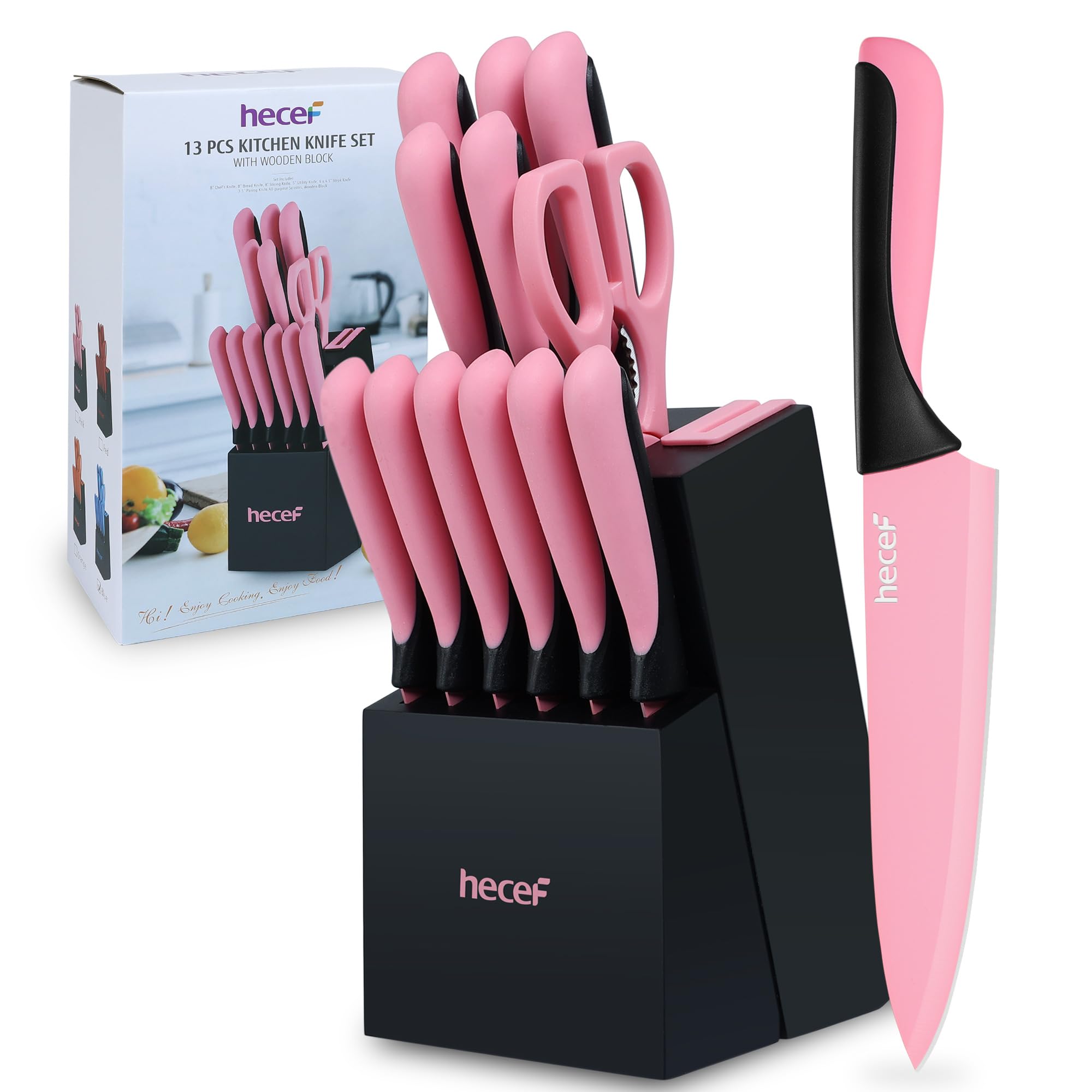 hecef Pink Kitchen Knife Set with Block and Built-in Sharpener