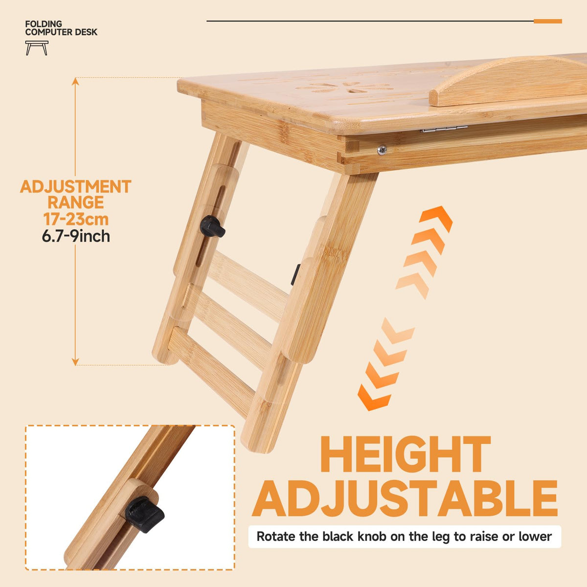 Adjustable Bamboo Laptop Desk with Cooling Fan, Foldable Bed Tray for Breakfast, Writing, and Drawing, with Tilting Top and Drawer - image 3