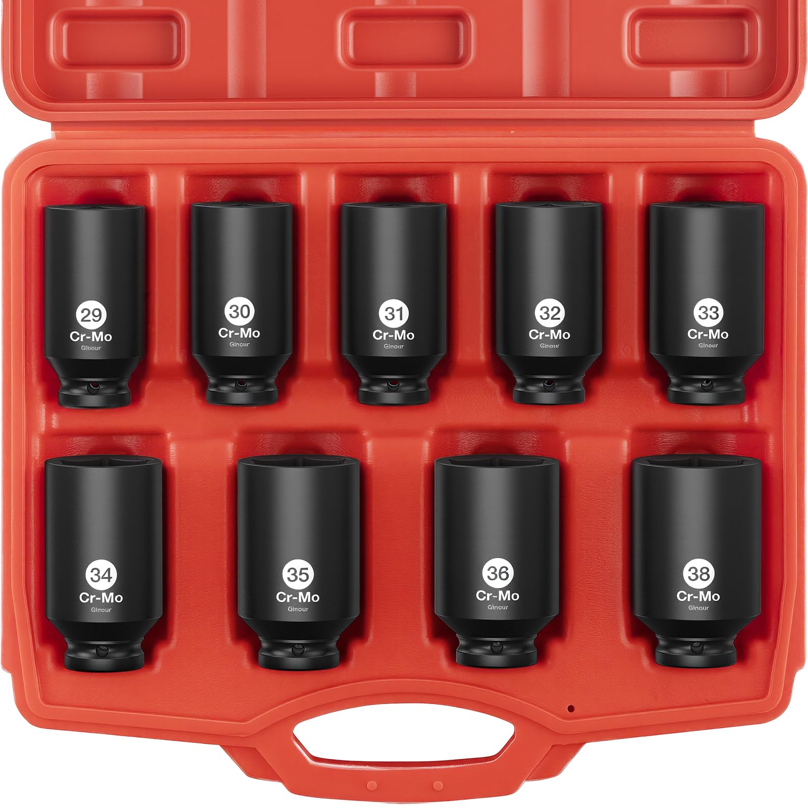 Ginour 1/2" Deep Impact Socket Set | 9-Piece Metric Cr-Mo Steel (29-38mm)