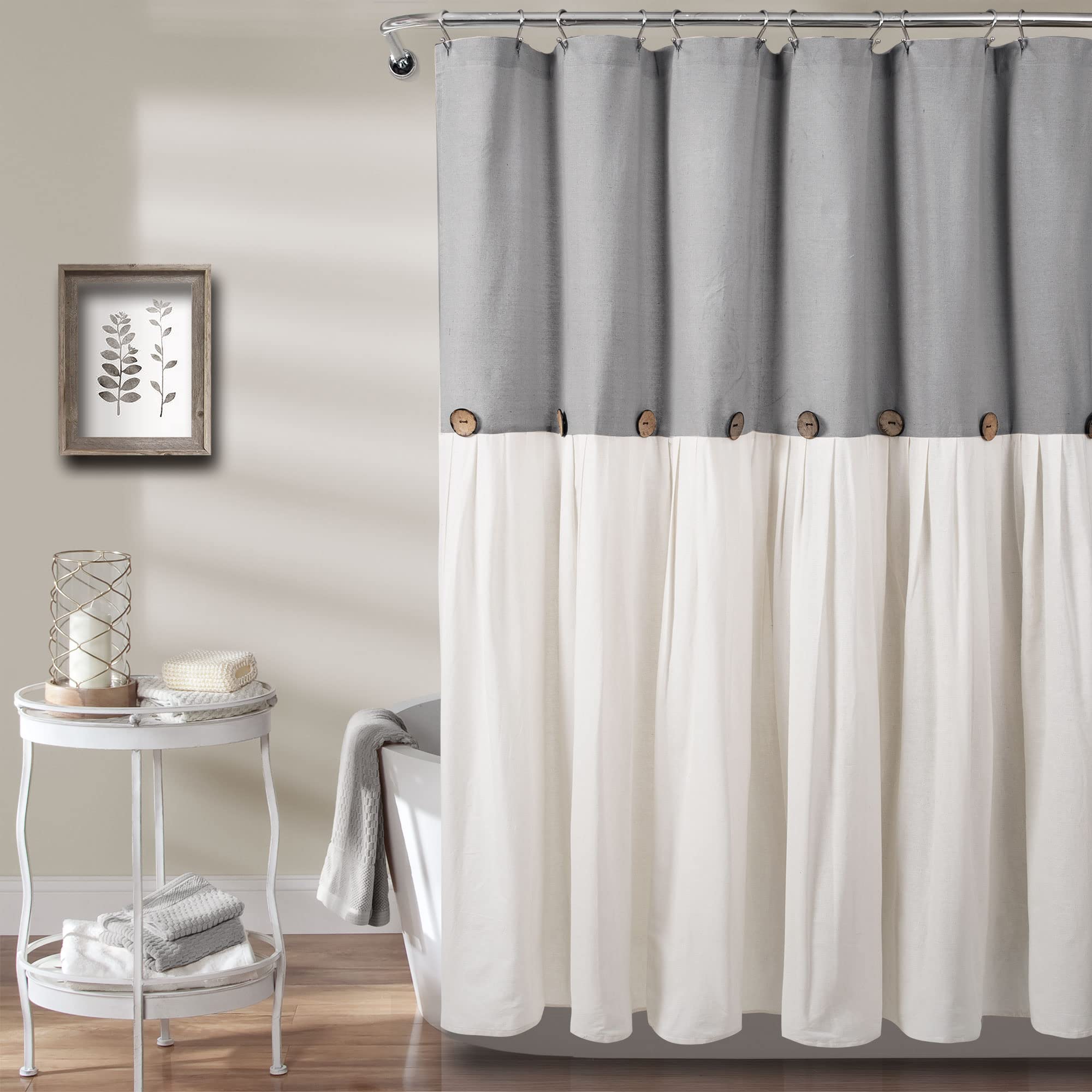 Lush Decor Linen Button Shower Curtain – Modern Farmhouse Gray & White, 72x72