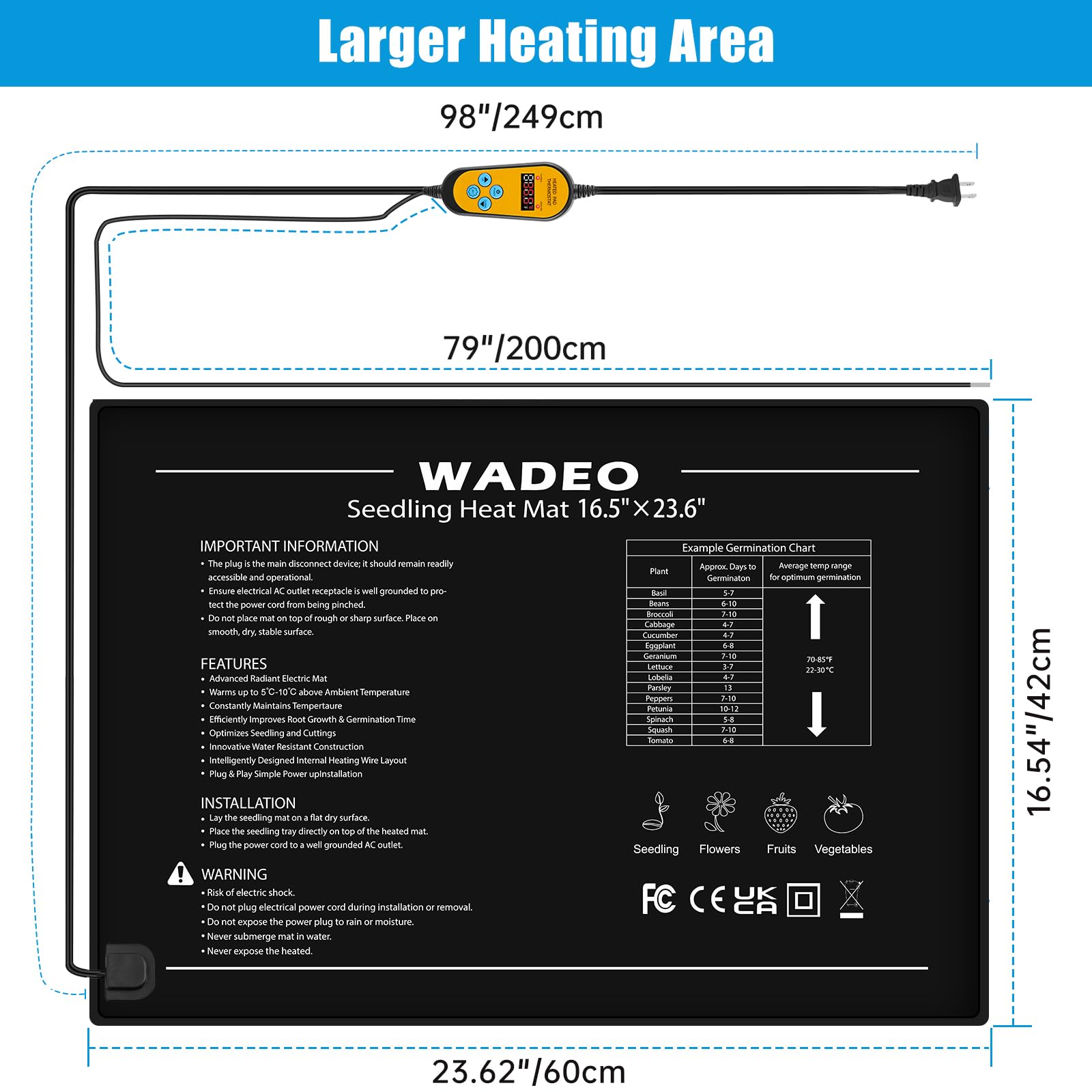 WADEO Seedling Heat Mat with Thermostat - 60x42cm Waterproof 50W Mat