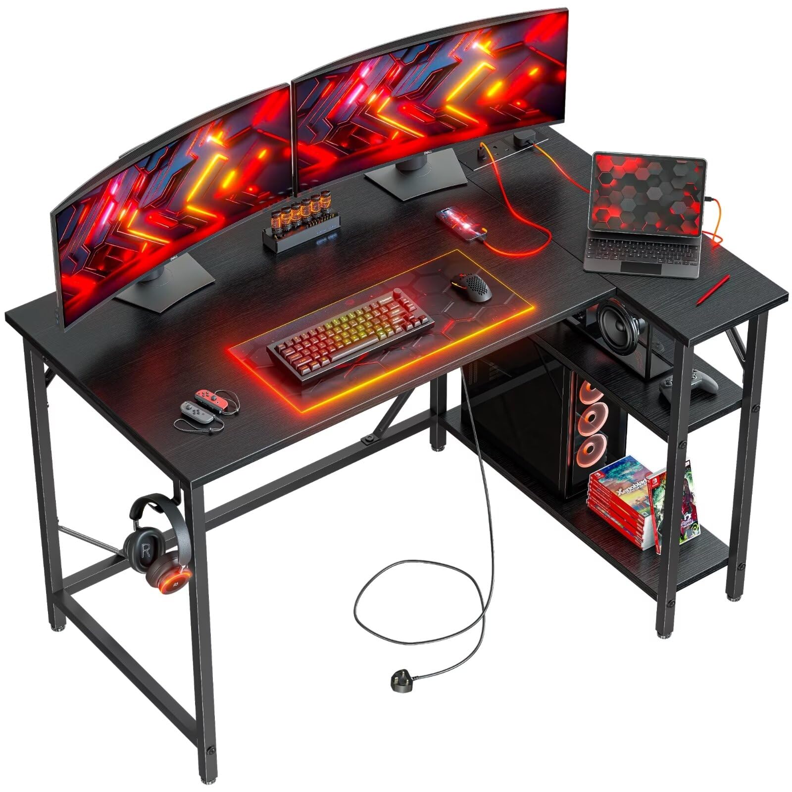Domshoct L Shaped Gaming Desk with Power Outlets | 120x70cm Corner Desk