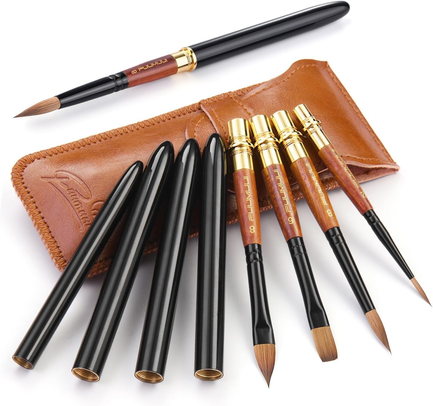 Fuumuui Kolinsky Sable Travel Watercolor Brushes with Leather Pouch, 4pcs