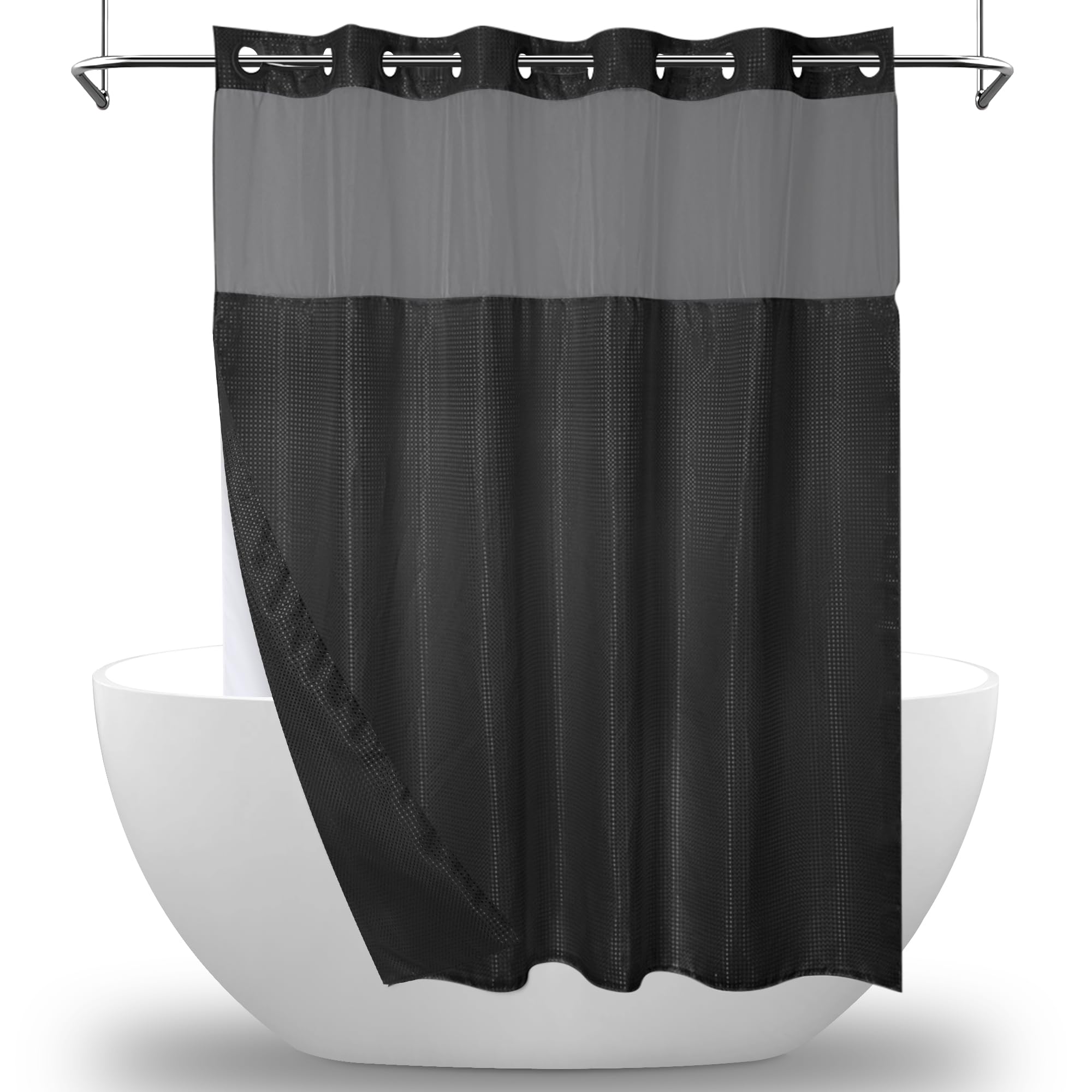 MEKOTRIN Hookless Shower Curtain | Waffle Fabric with Snap-on Liner, Black