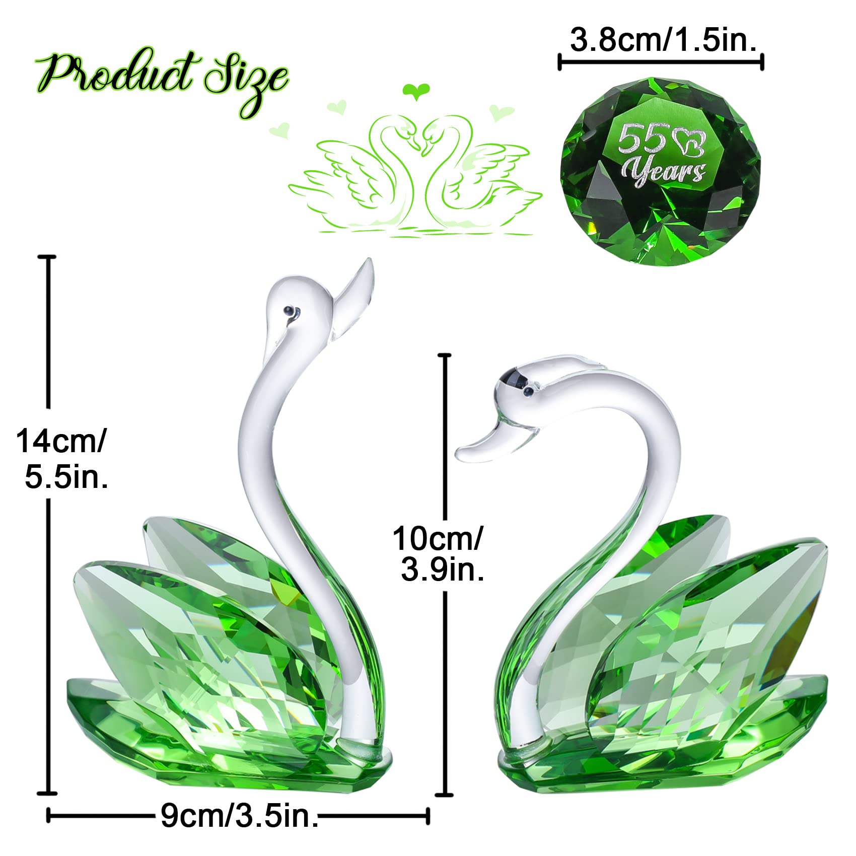 Crystal Green Swans | 55th Emerald Wedding Anniversary Gift
