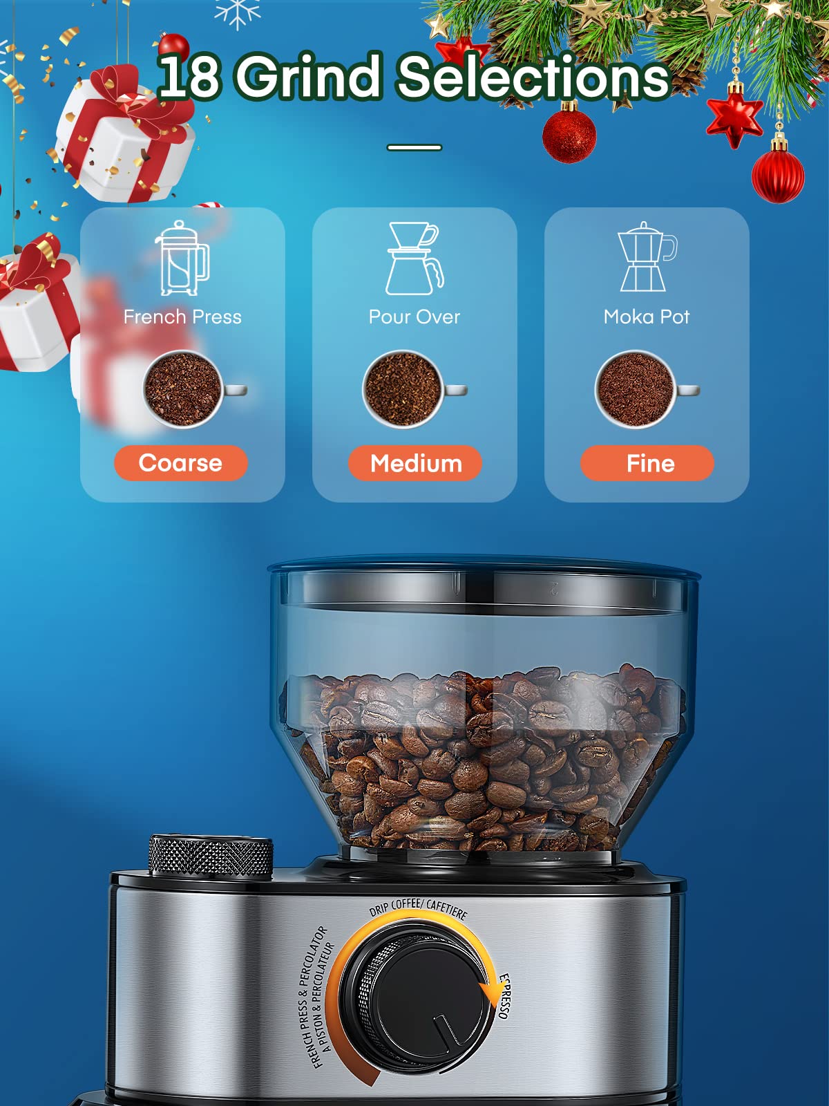 FOHERE Electric Burr Coffee Grinder – 18 Settings for Drip & French Press