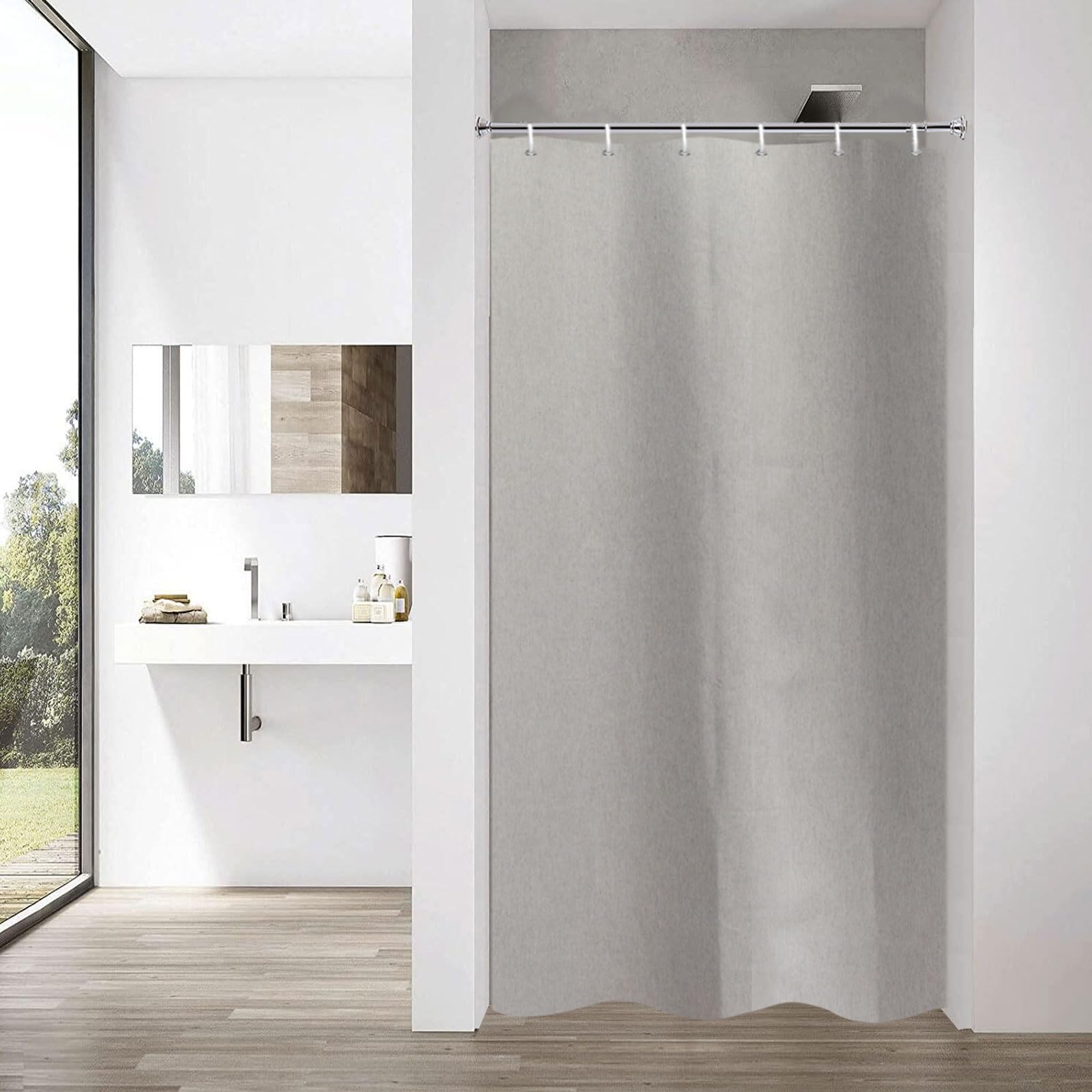 Grey Linen Textured Shower Curtain – Waterproof Fabric, 35x71"