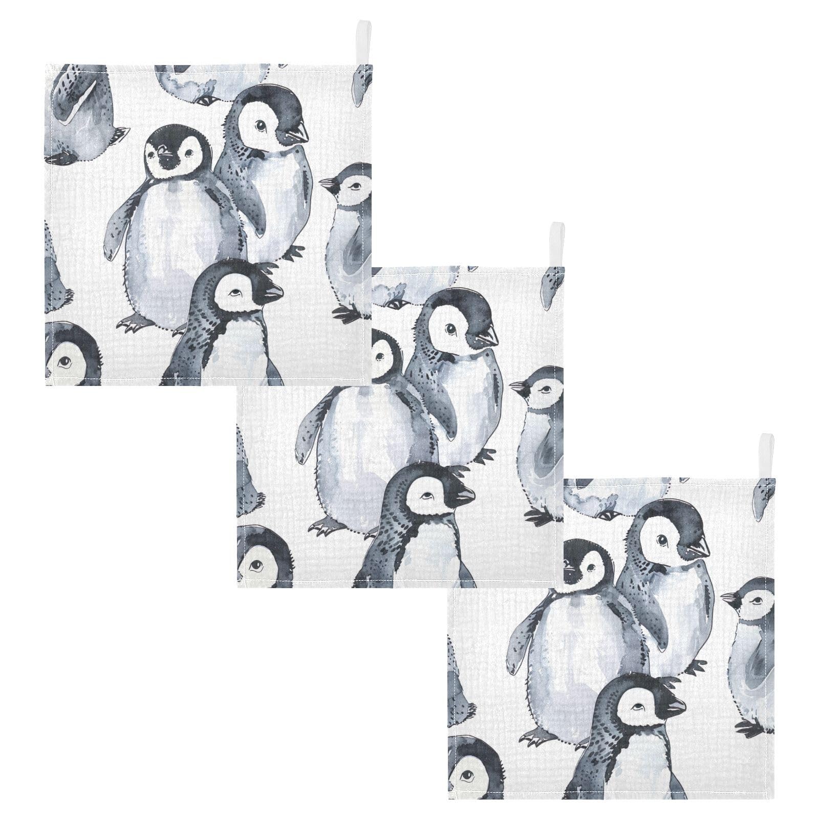 Muslin Baby Washcloths – 3 Pack Pure Cotton Cute Penguin Towels