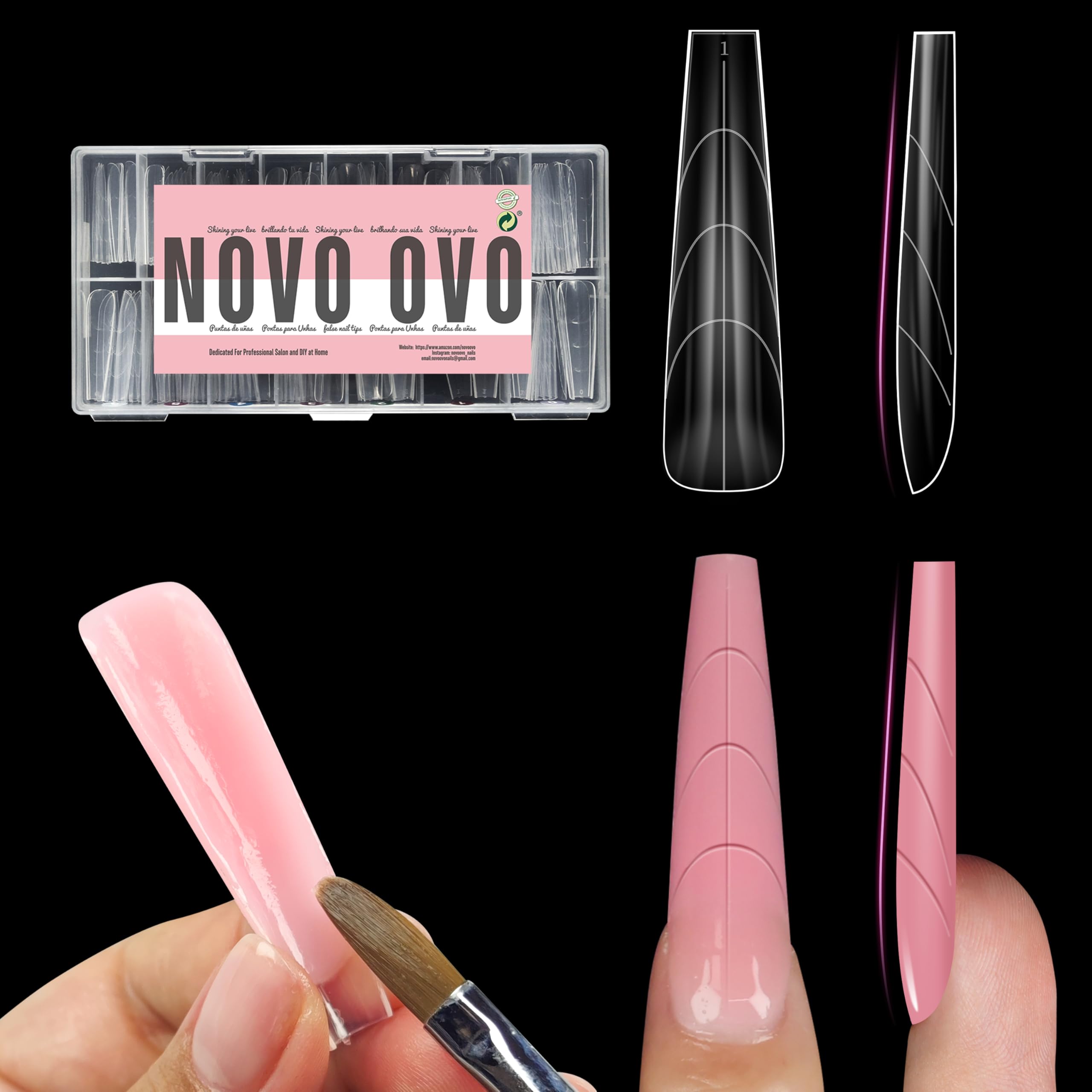 NOVO OVO Tapered Square Nail Dual Forms for Poly Gel – 15 Sizes, 150 Pcs