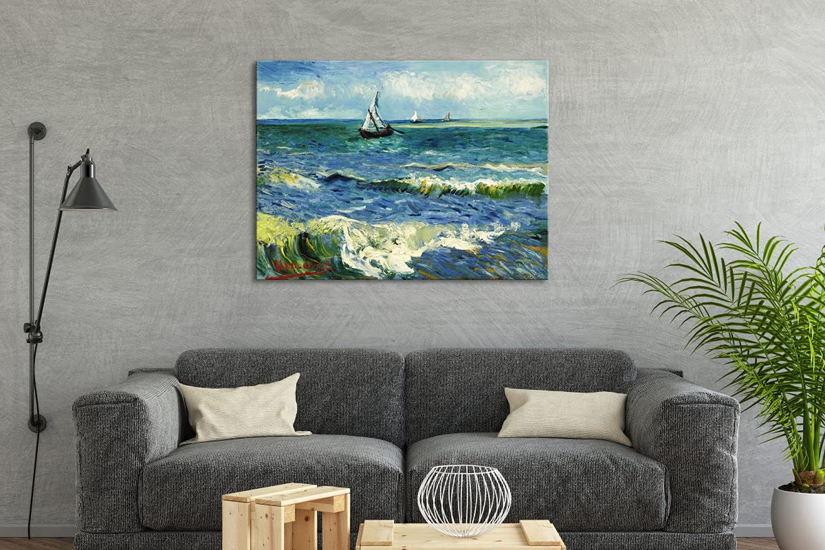 Wieco Art | Van Gogh Seascape at Saintes Maries Framed Canvas Wall Art