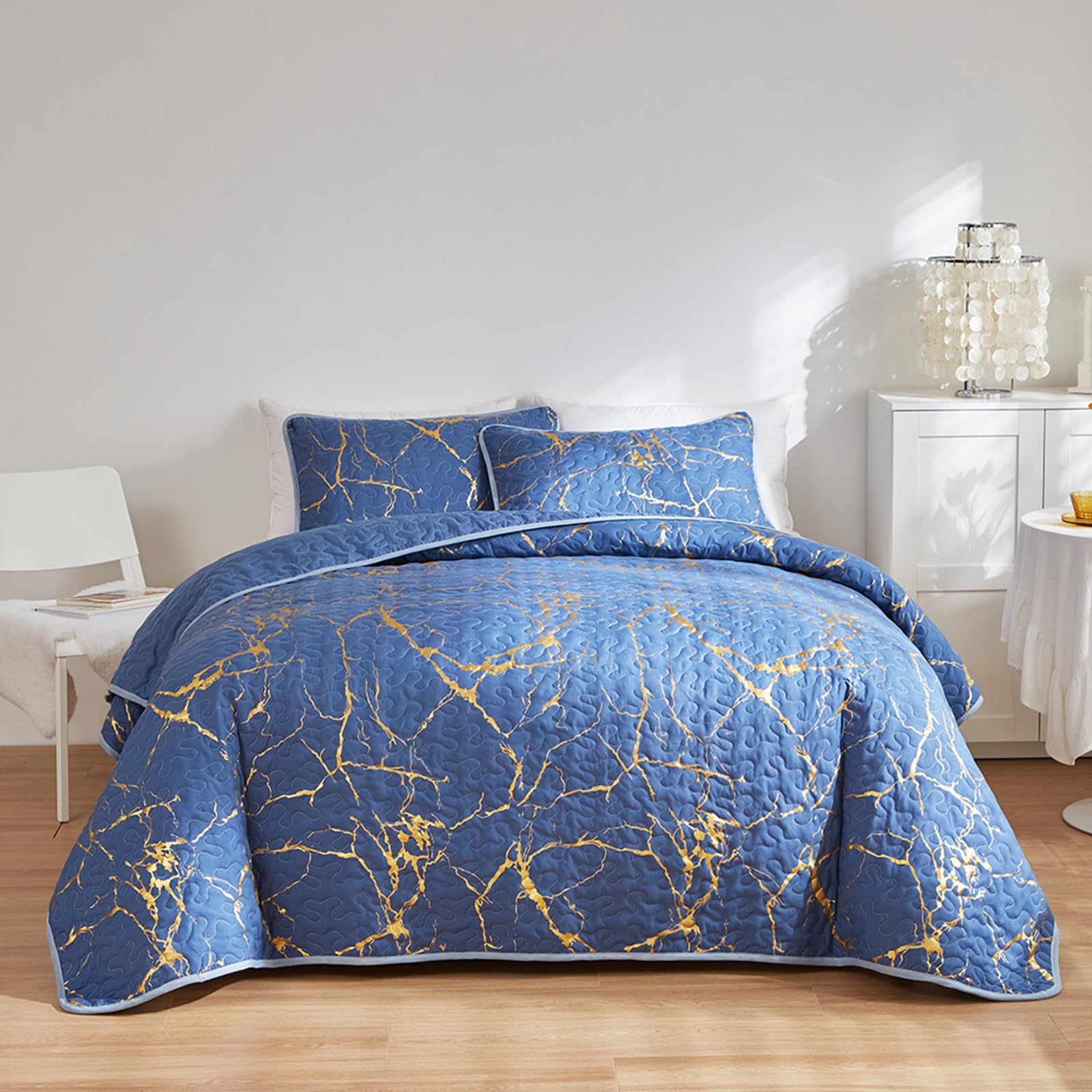 HAVOP King Size Blue Gold Marble Quilted Bedspread Microfiber Bedding Set