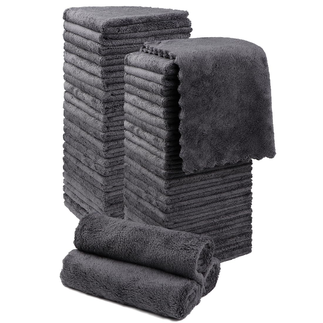 Orighty Microfiber Washcloths 48 Pack – 12x12 Ultra Soft Coral Velvet Grey