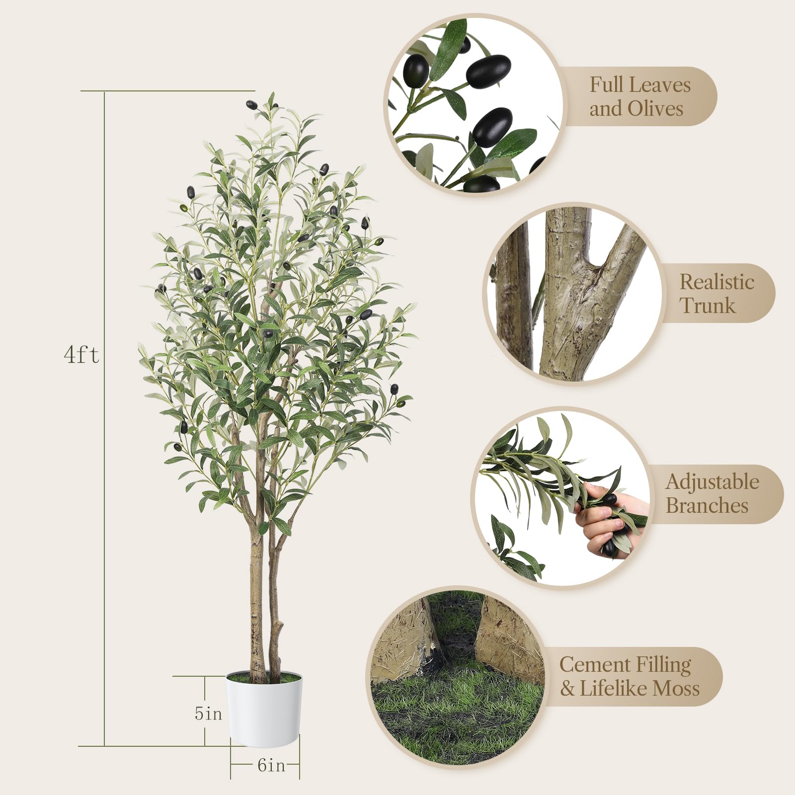 Alupssuc 4FT Artificial Olive Tree with White Pot | Faux Indoor Floor Plant