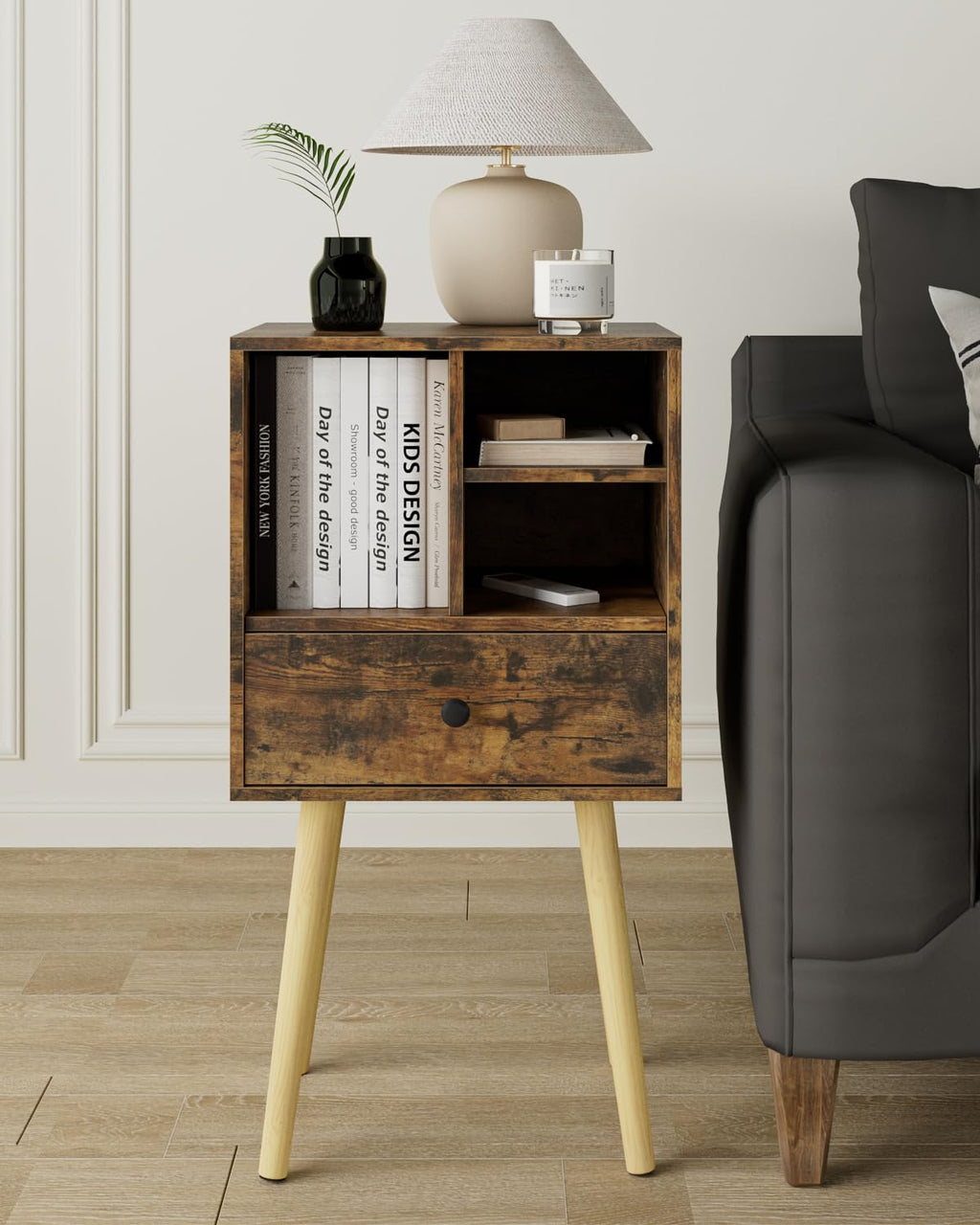 HEYZOEY Wooden Nightstand Mid-Century Modern Bedside Table, Rustic Brown - image 4