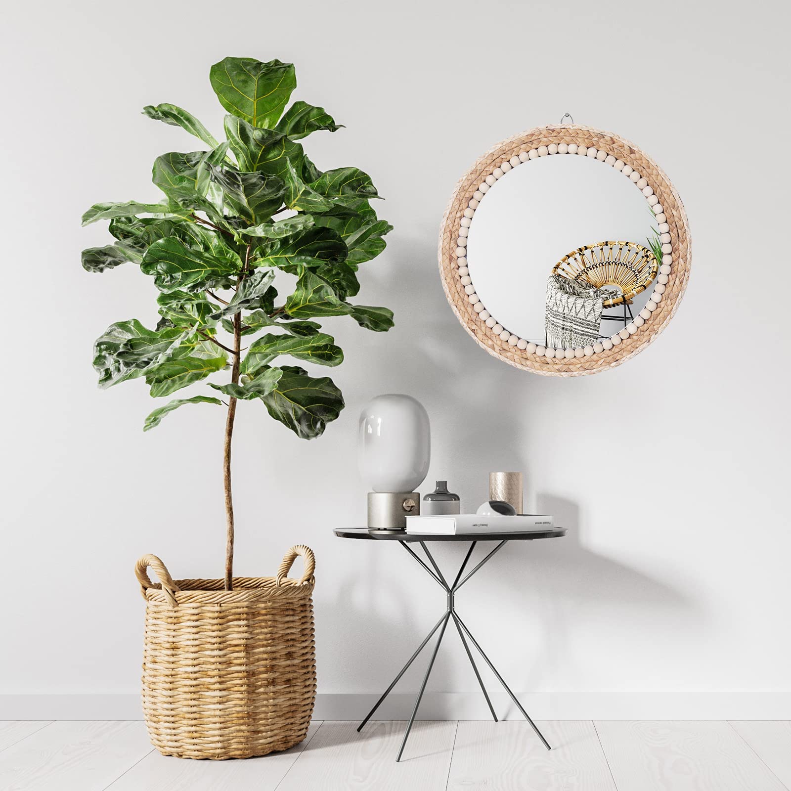 SWTHONY 15 Inch Boho Round Rattan Wall Mirror | Wicker & Wood Bead Decor