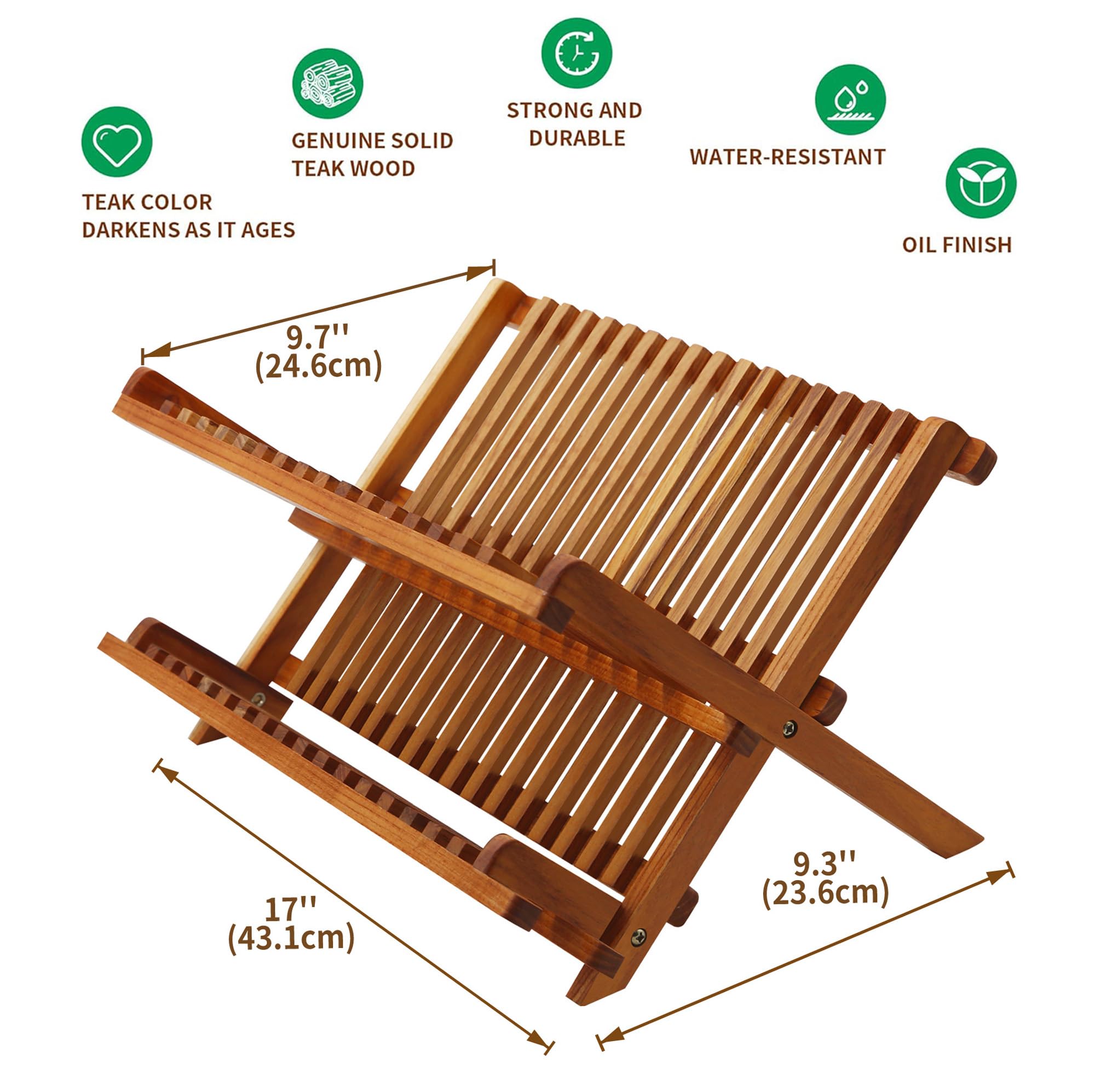 Utoplike Teak Wood Dish Drying Rack – Collapsible 2-Tier Plate Drainer